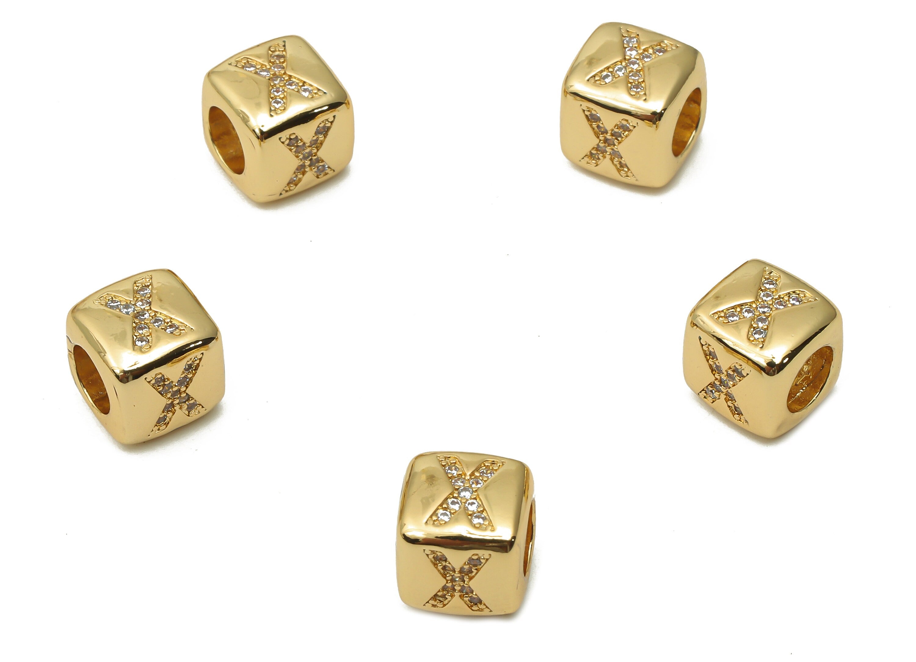 Alphabet Cube Bead X With Zircon- Brass Initial Letters X Beads Bracelet - Bead Necklace- 18K Real Gold Plated - 8.63x8.63x8.46mm - RGP4782X - DOMEDBAZAAR