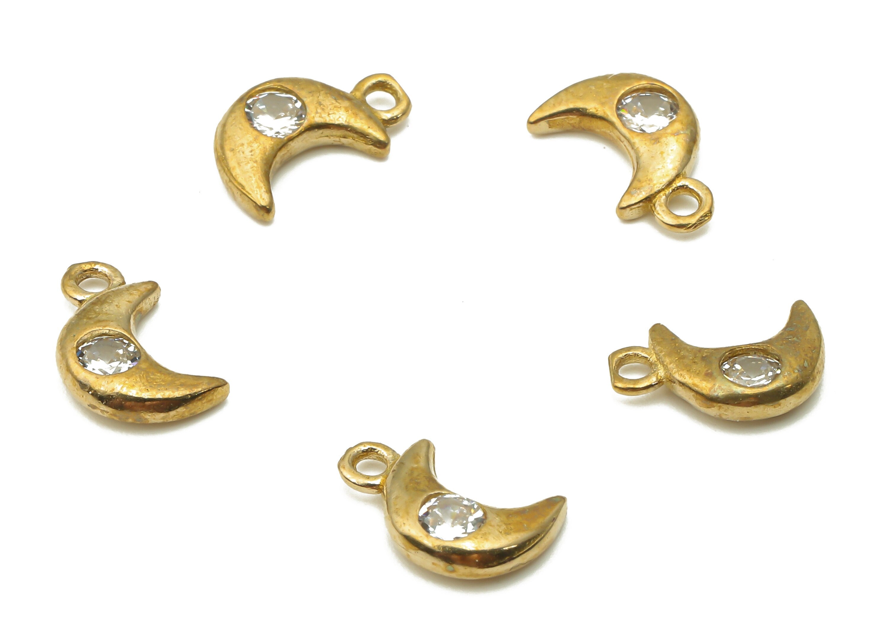 Brass Crescent Moon Charms - Raw Brass Mini Crescent Moon Earring Charm with Zircon - Brass Pendant - For Bracelet - 10.3x6.1x2.1mm - PP7690 - DOMEDBAZAAR