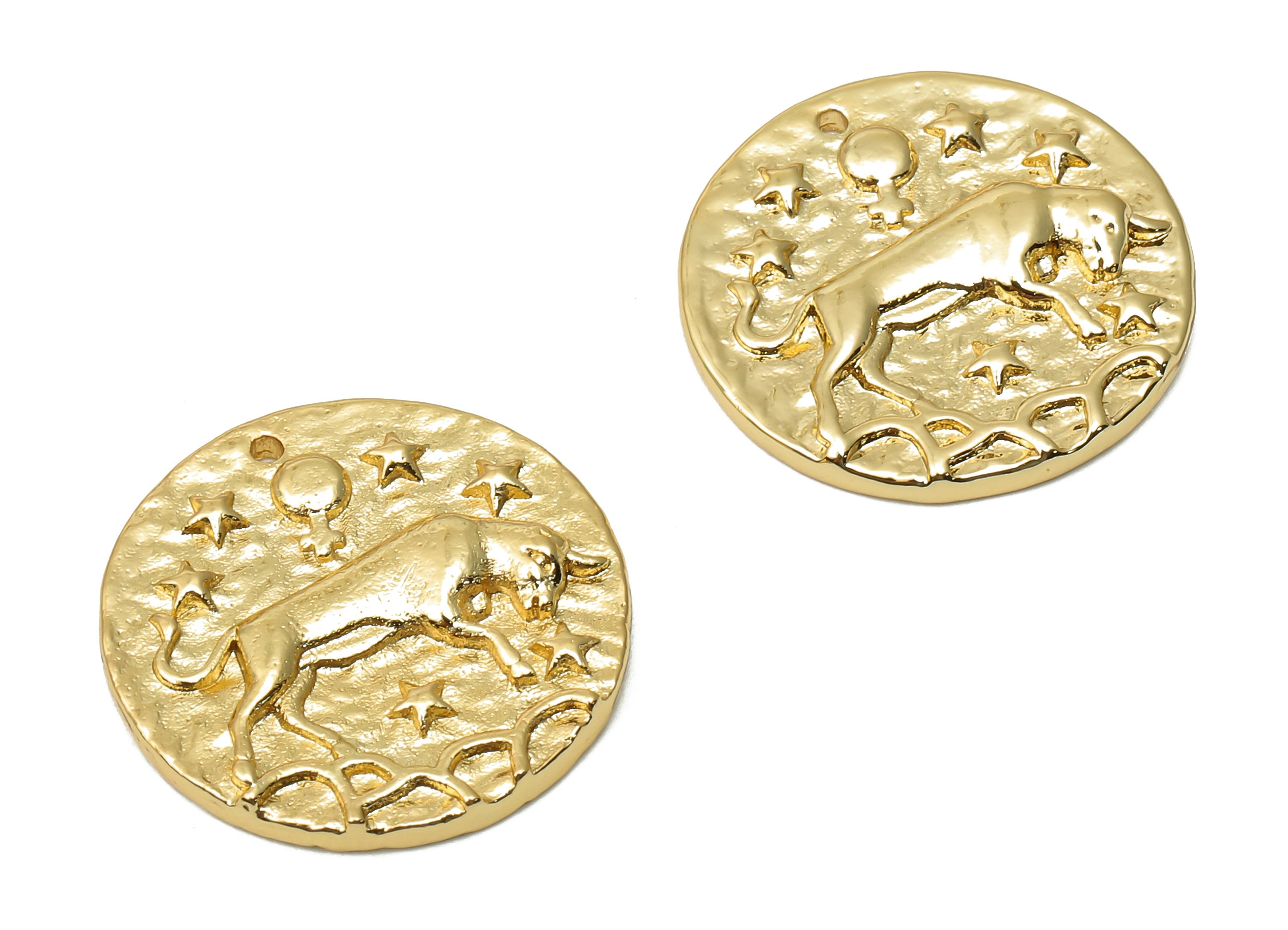 Taurus Round Earring Charm - Brass Zodiac Star Pendant - Brass Horoscopes Taurus Necklace - 18K Real Gold Plated - 19.4x19.4x2.65mm-RGP4783B - DOMEDBAZAAR