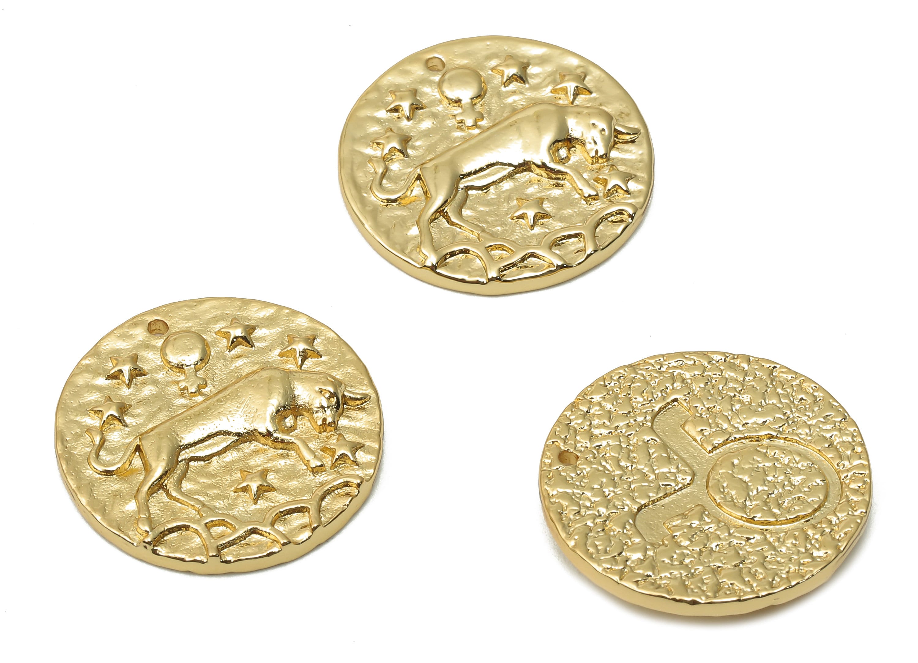 Taurus Round Earring Charm - Brass Zodiac Star Pendant - Brass Horoscopes Taurus Necklace - 18K Real Gold Plated - 19.4x19.4x2.65mm-RGP4783B - DOMEDBAZAAR