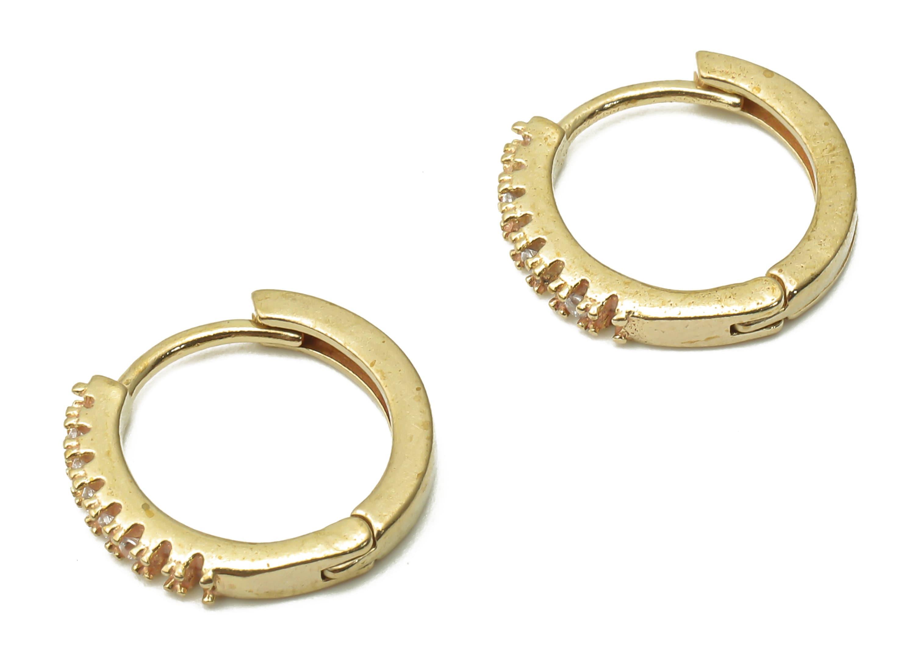 Brass Round Earring Clasps - Raw Brass Circle Huggie Earring Clasps With Zircon - Brass Crown Textured Hoop Earrings - 13.6x13.6x2mm -PP7696 - DOMEDBAZAAR
