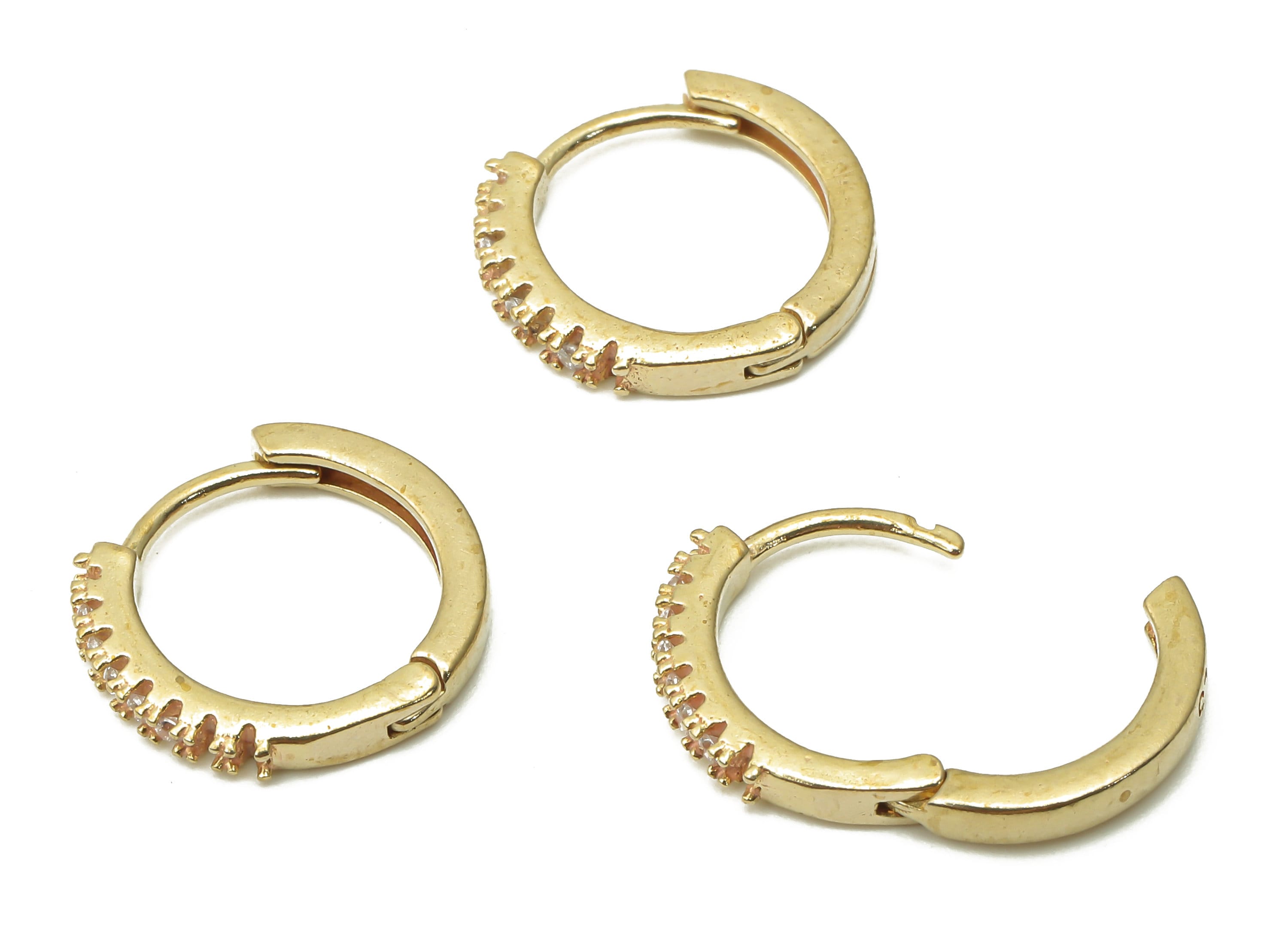Brass Round Earring Clasps - Raw Brass Circle Huggie Earring Clasps With Zircon - Brass Crown Textured Hoop Earrings - 13.6x13.6x2mm -PP7696 - DOMEDBAZAAR