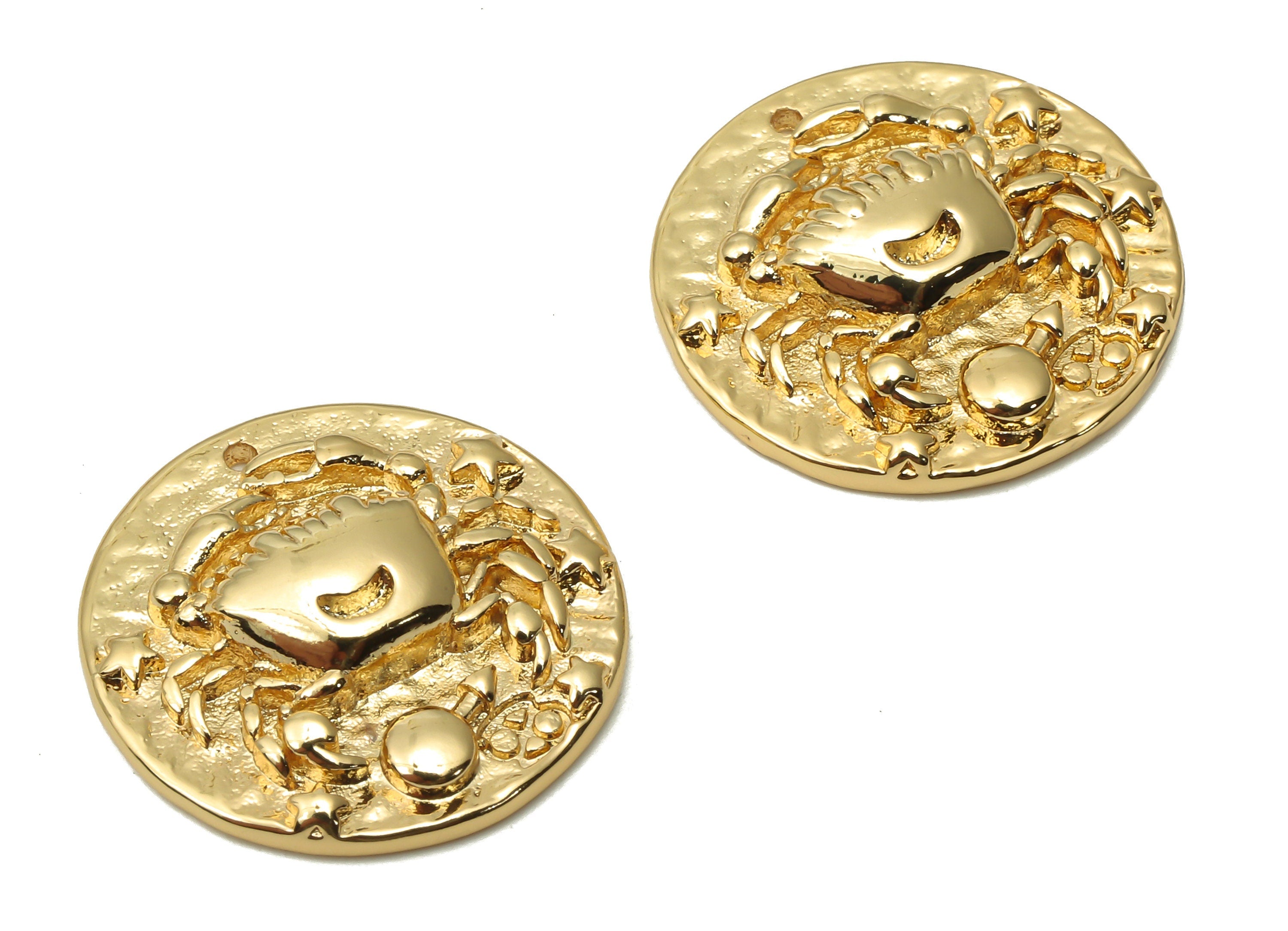 Cancer Round Earring Charm - Brass Zodiac Necklace - Brass Horoscopes Cancer Pendant - 18K Real Gold Plated - 19.4x19.4x4.4mm - RGP4783D - DOMEDBAZAAR