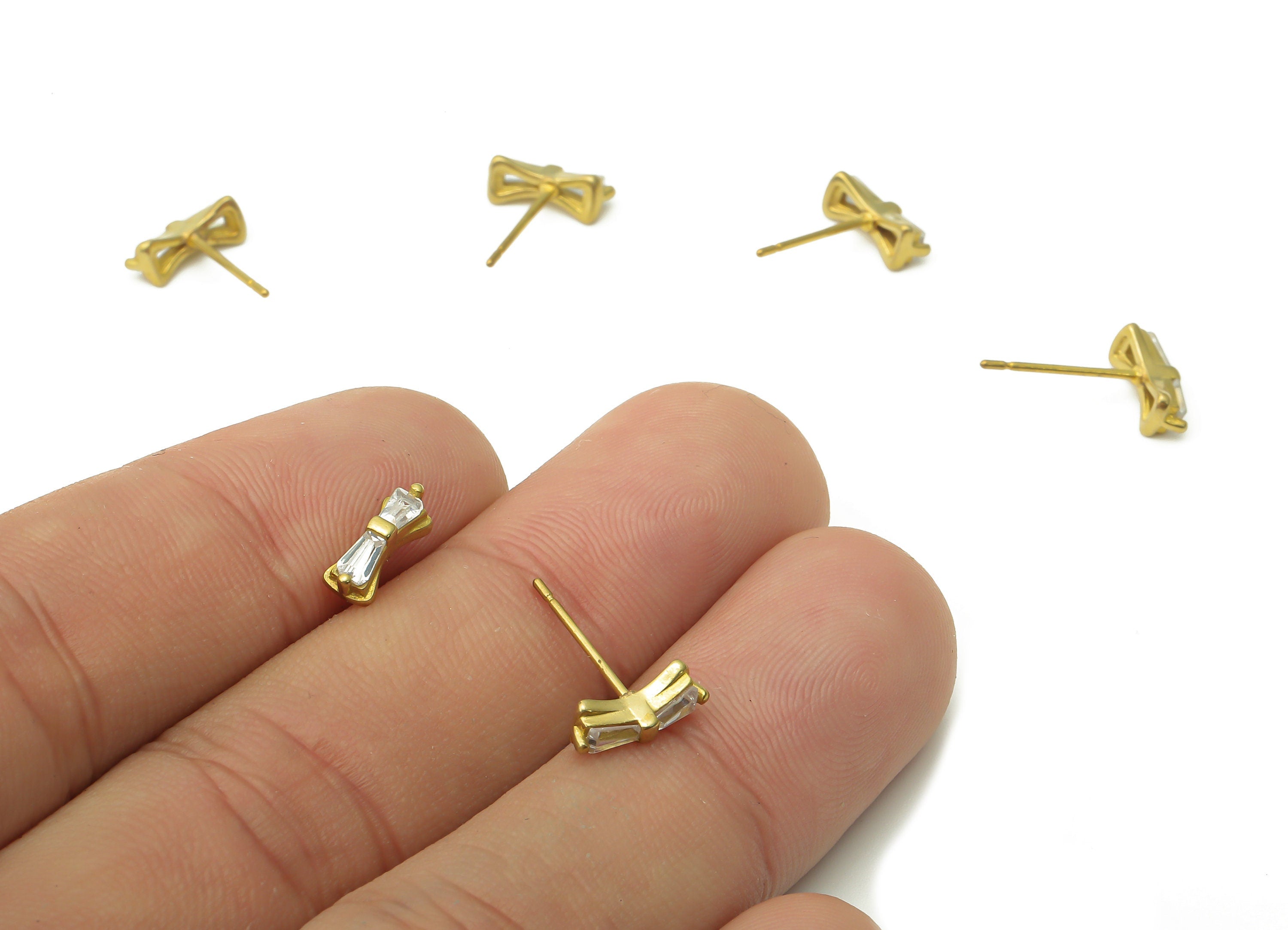 Brass Earring Stud - Raw Brass Mini Earrings Stud With Zircon - Raw Brass Earring Post With Zircon - Earring Post - 10.03x3.8x2.85mm- PP7699 - DOMEDBAZAAR