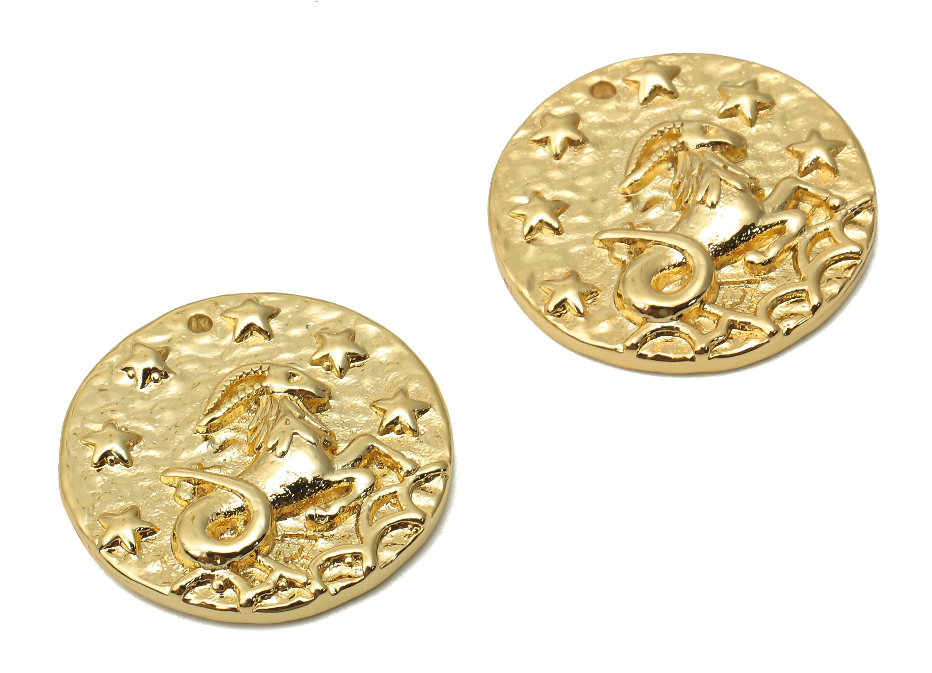 Capricorn Round Earring Charm - Brass Horoscopes Necklace - Brass Zodiac Pendant - 18K Real Gold Plated - 19.4x19.4x3.4mm - RGP4783F - DOMEDBAZAAR