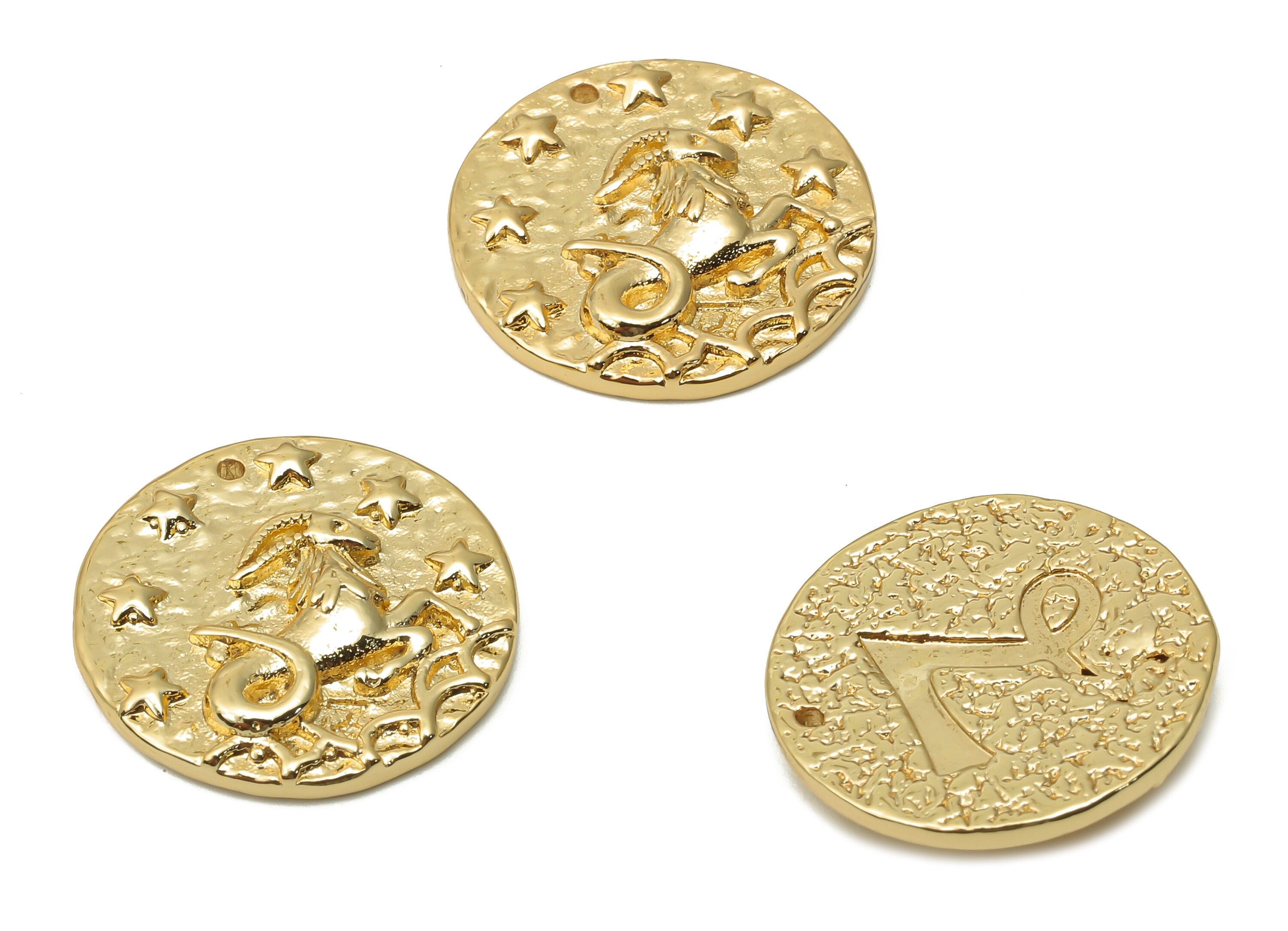 Capricorn Round Earring Charm - Brass Horoscopes Necklace - Brass Zodiac Pendant - 18K Real Gold Plated - 19.4x19.4x3.4mm - RGP4783F - DOMEDBAZAAR