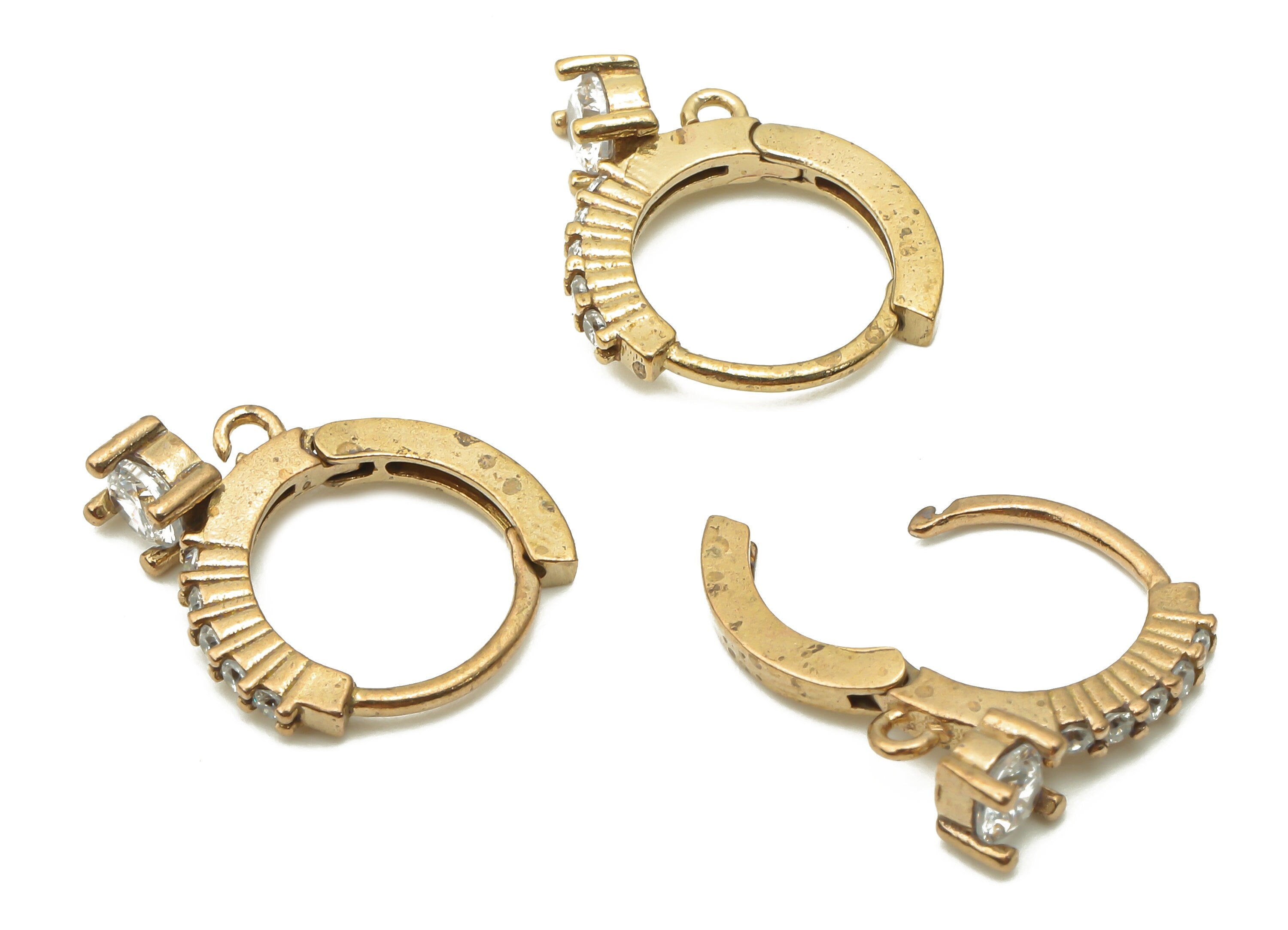 Brass Round Solitaire Huggie Earring Clasps - Raw Brass Circle Textured Earring With Zircon - Brass Clasps With Loop - 14.9x13x1.6mm -PP7712 - DOMEDBAZAAR