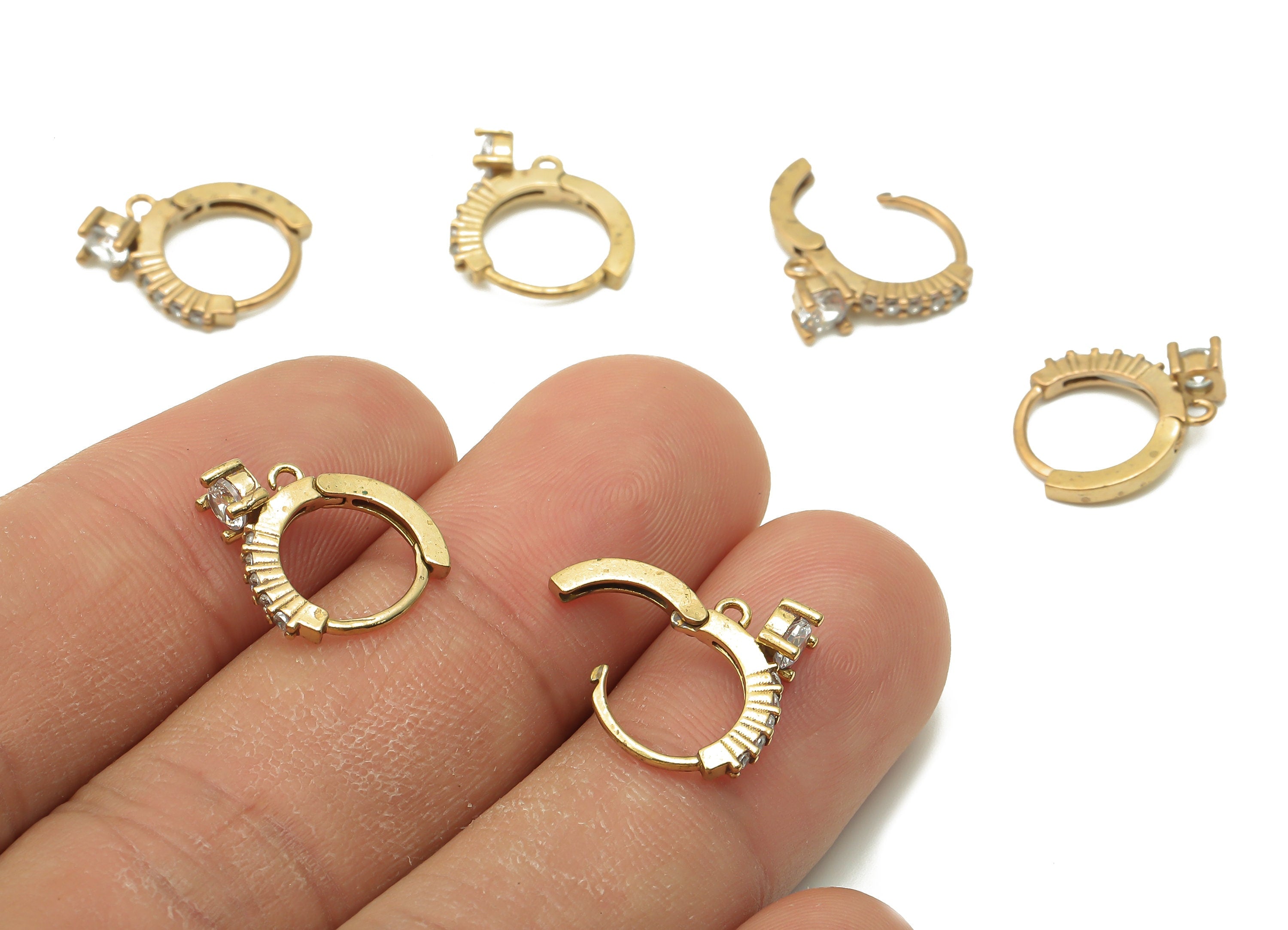 Brass Round Solitaire Huggie Earring Clasps - Raw Brass Circle Textured Earring With Zircon - Brass Clasps With Loop - 14.9x13x1.6mm -PP7712 - DOMEDBAZAAR