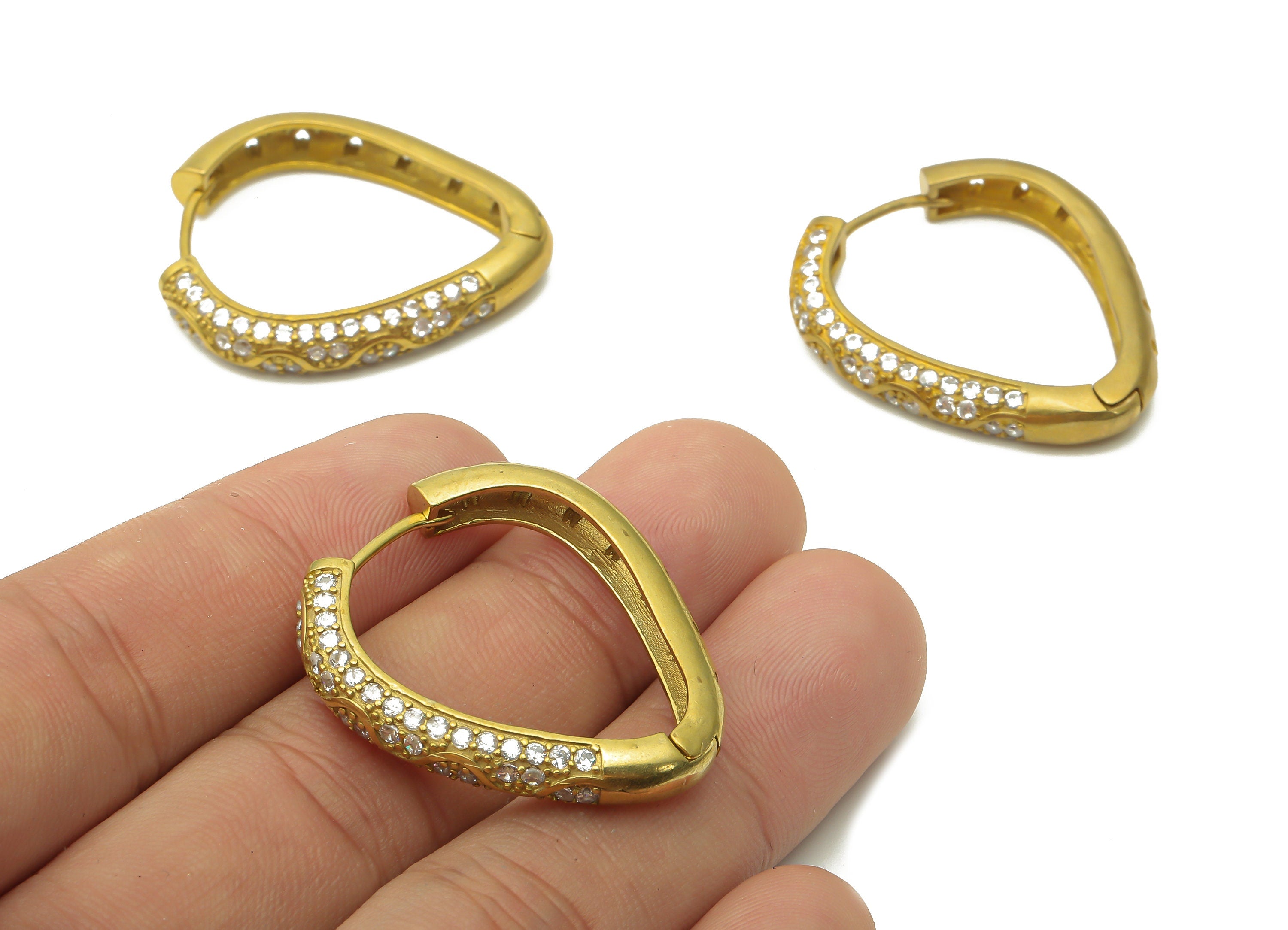 Brass Drop Huggie Hoop Earrings - Raw Brass Teardrop Huggie Hoop Earring with Zircon - Brass Textured Hoop Earrings - 34.2x30x2.14mm- PP7714 - DOMEDBAZAAR