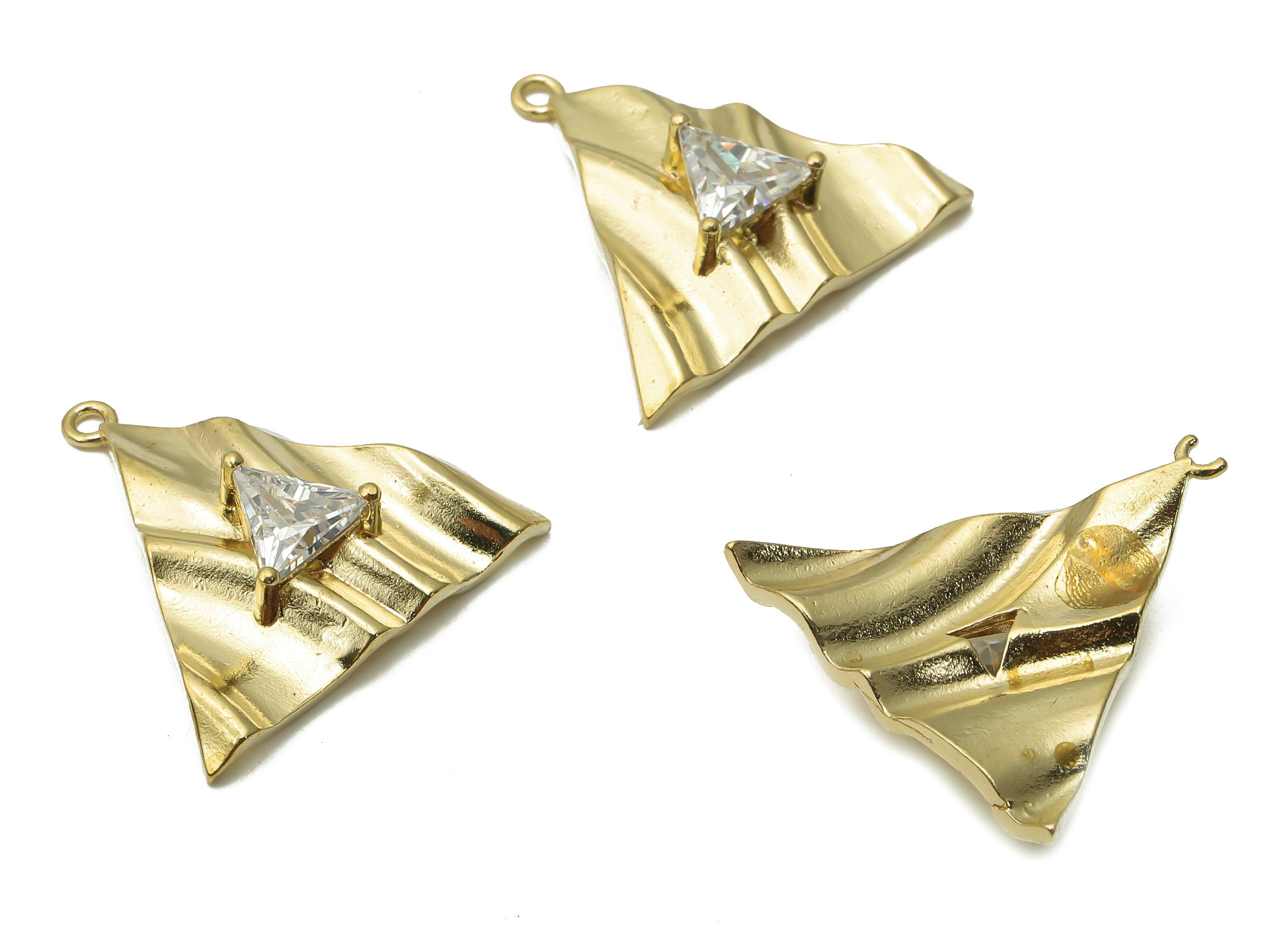 Brass Triangle Earrings Charms - Raw Brass Triangle Wave Earring With Zircon - Raw Brass Triangle Wavy Pendant - 22.24x21.73x1.4mm - PP7729 - DOMEDBAZAAR