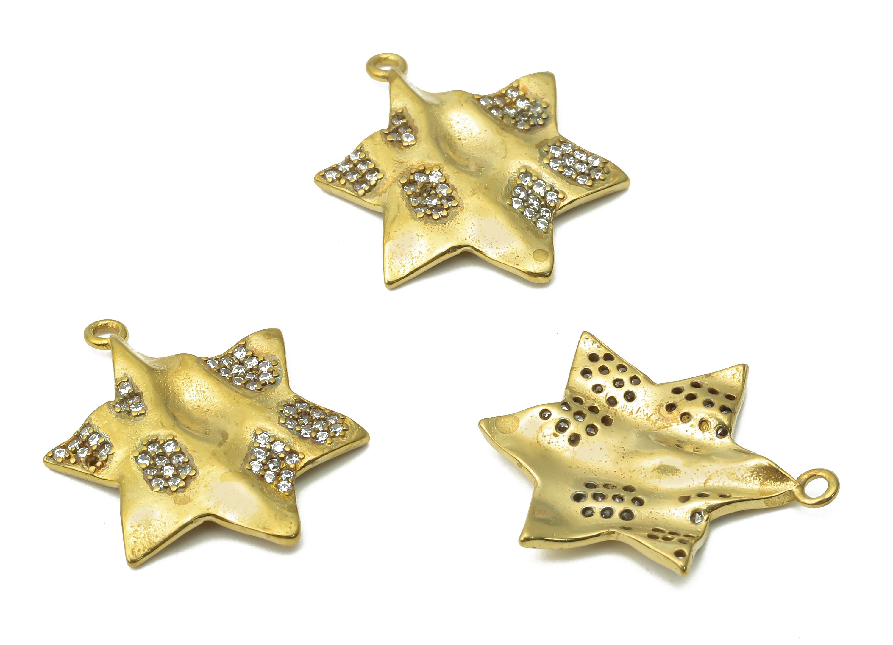 Brass Star Earring Charm - Raw Brass Star Of David Wavy Earring With Zircon - Magen David Pendant - Star Necklace - 21.7x17.1x1.7mm - PP7731 - DOMEDBAZAAR