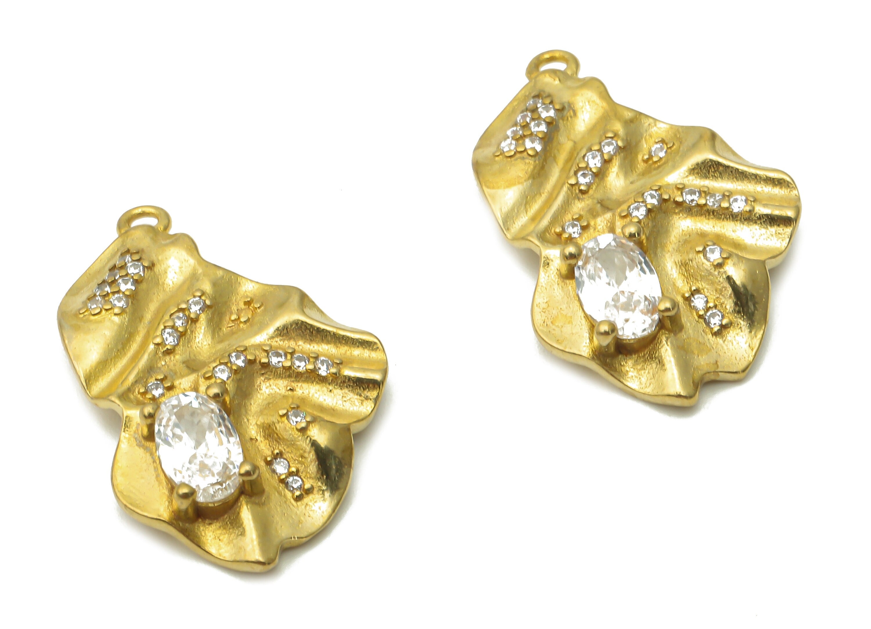 Brass Irregular Earring Charms - Raw Brass Wave Irregular Earring With Zircon - Brass Bean Wavy Pendant - Necklace - 23.2x14.9x1.9mm -PP7732 - DOMEDBAZAAR