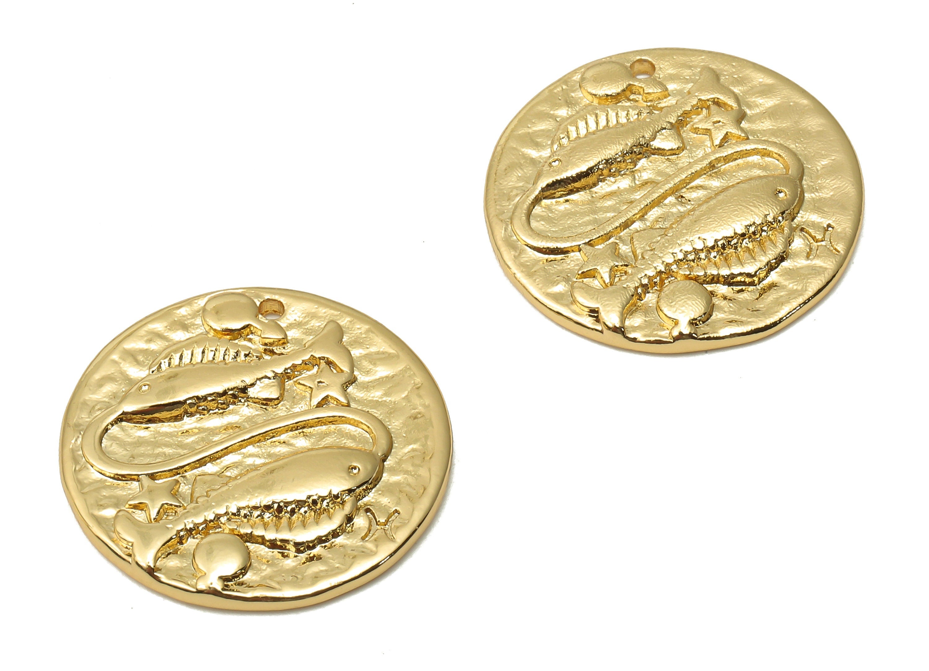 Pisces Round Charm - Brass Horoscope Charms - Round Fish Pendant - Brass Zodiac Necklace - 18K Real Gold Plated - 19.4x19.4x3.5mm - RGP4783H - DOMEDBAZAAR
