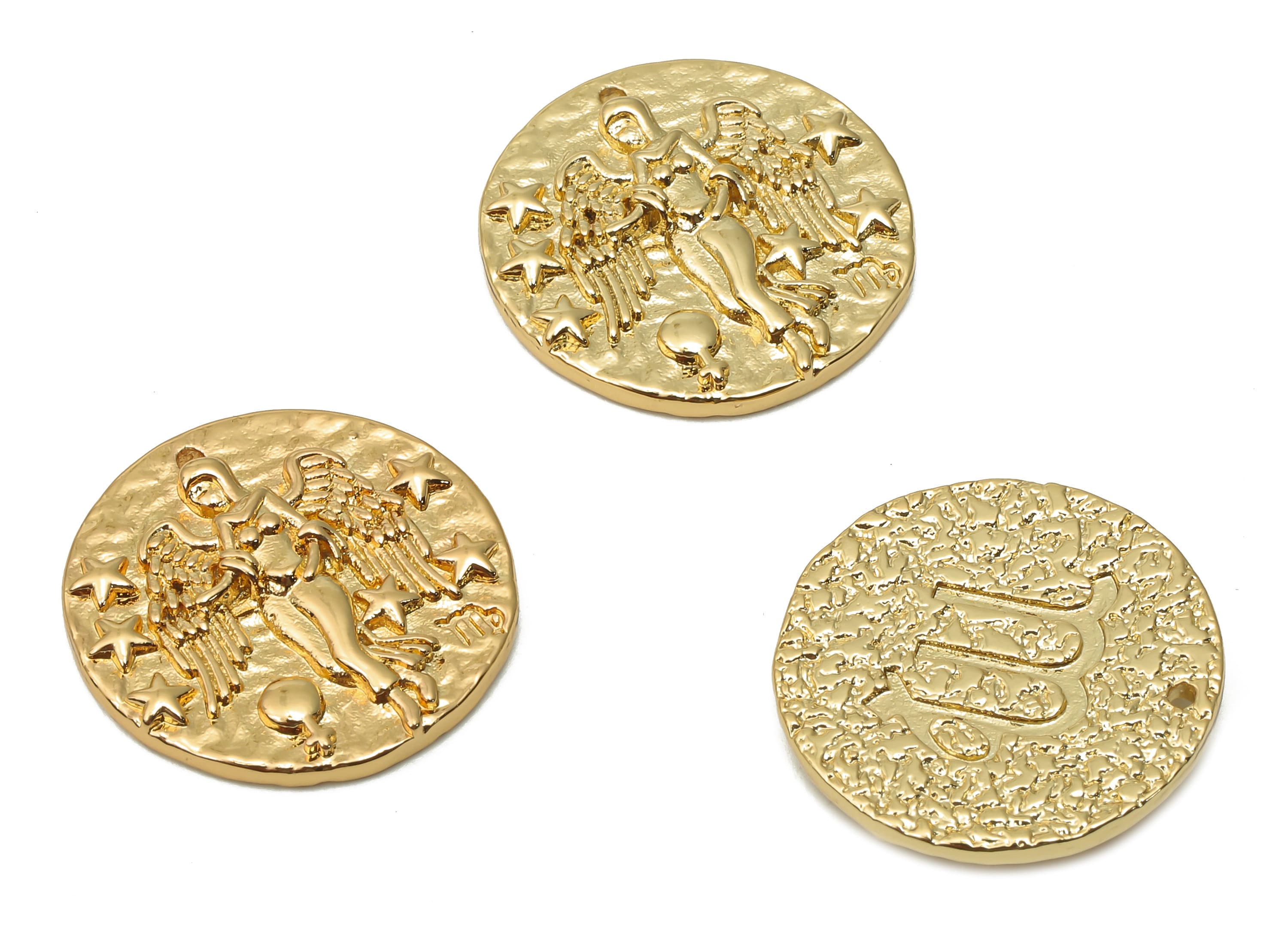 Virgo Round Charm - Brass Horoscope Charms - Women with Wings - Zodiac Necklace Pendant - 18K Real Gold Plated - 19.4x19.4x3.03mm - RGP4783J - DOMEDBAZAAR