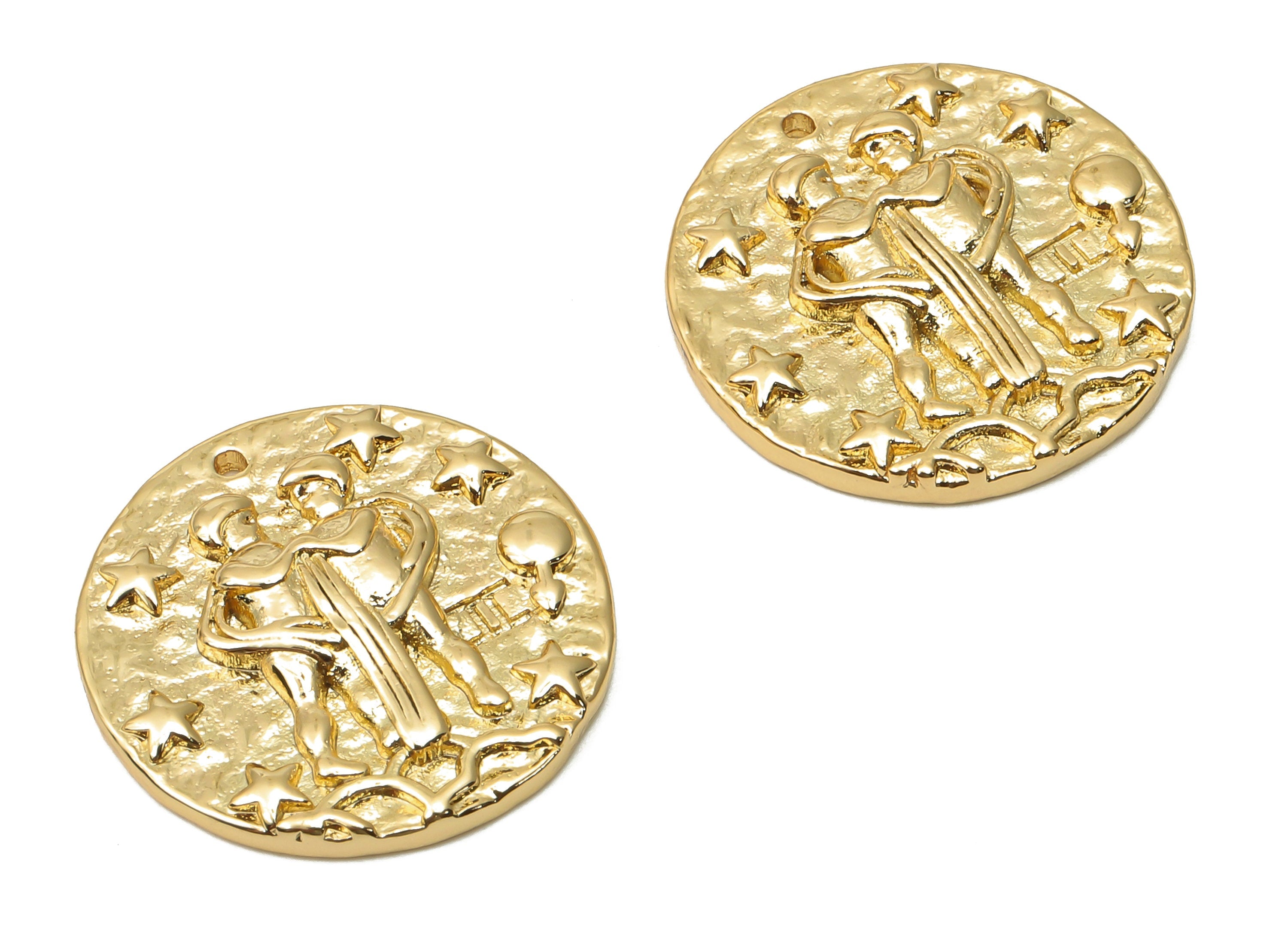 Gemini Round Charm - Raw Brass Horoscopes Charms - Zodiac Necklace - Brass Zodiac Pendant - 18K Real Gold Plated - 19.4x19.4x3mm - RGP4783K - DOMEDBAZAAR