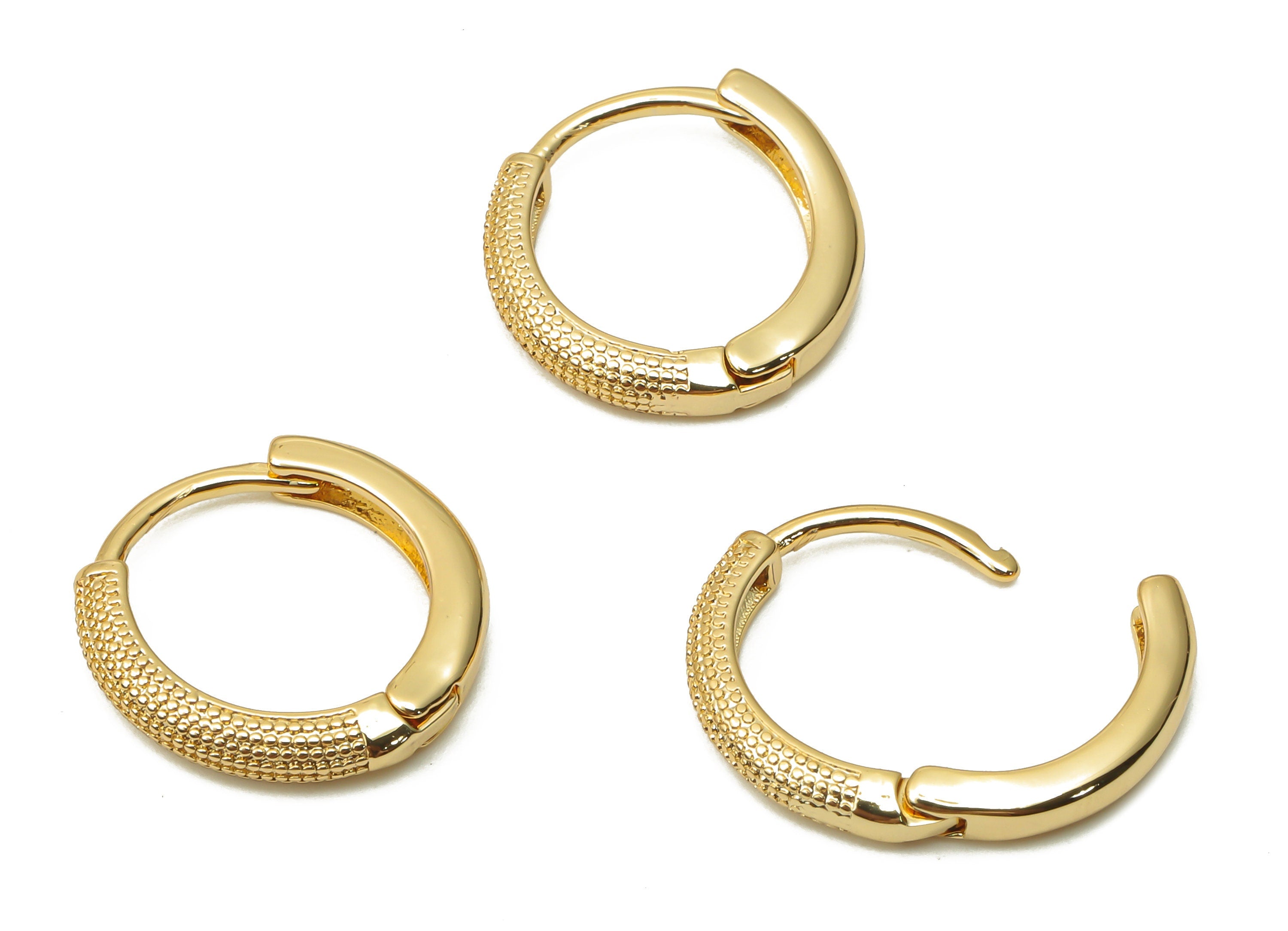 Brass Circle Spot Earrings Clasps - Huggie Hoop Earrings - Round Textured Hoop Clasps - 18K Real Gold Plated - 14.12x14.12x1.82mm - RGP4827 - DOMEDBAZAAR