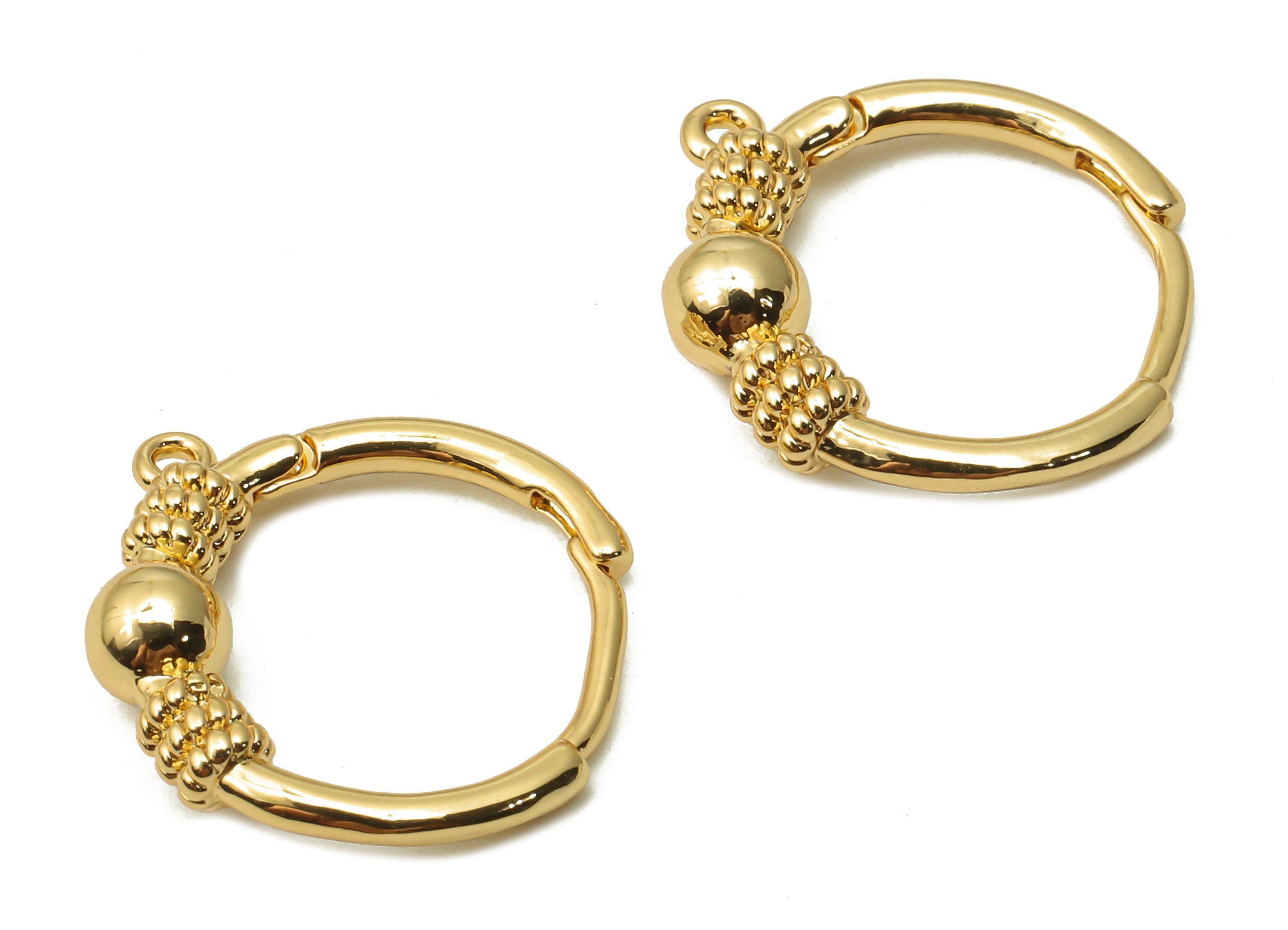 Brass Clasps Earrings - Brass Textured Huggie Hoop With Loop - Brass Ball Earrings - 18K Real Gold Plated Brass - 17.15x16.1x4.2mm - RGP4828 - DOMEDBAZAAR