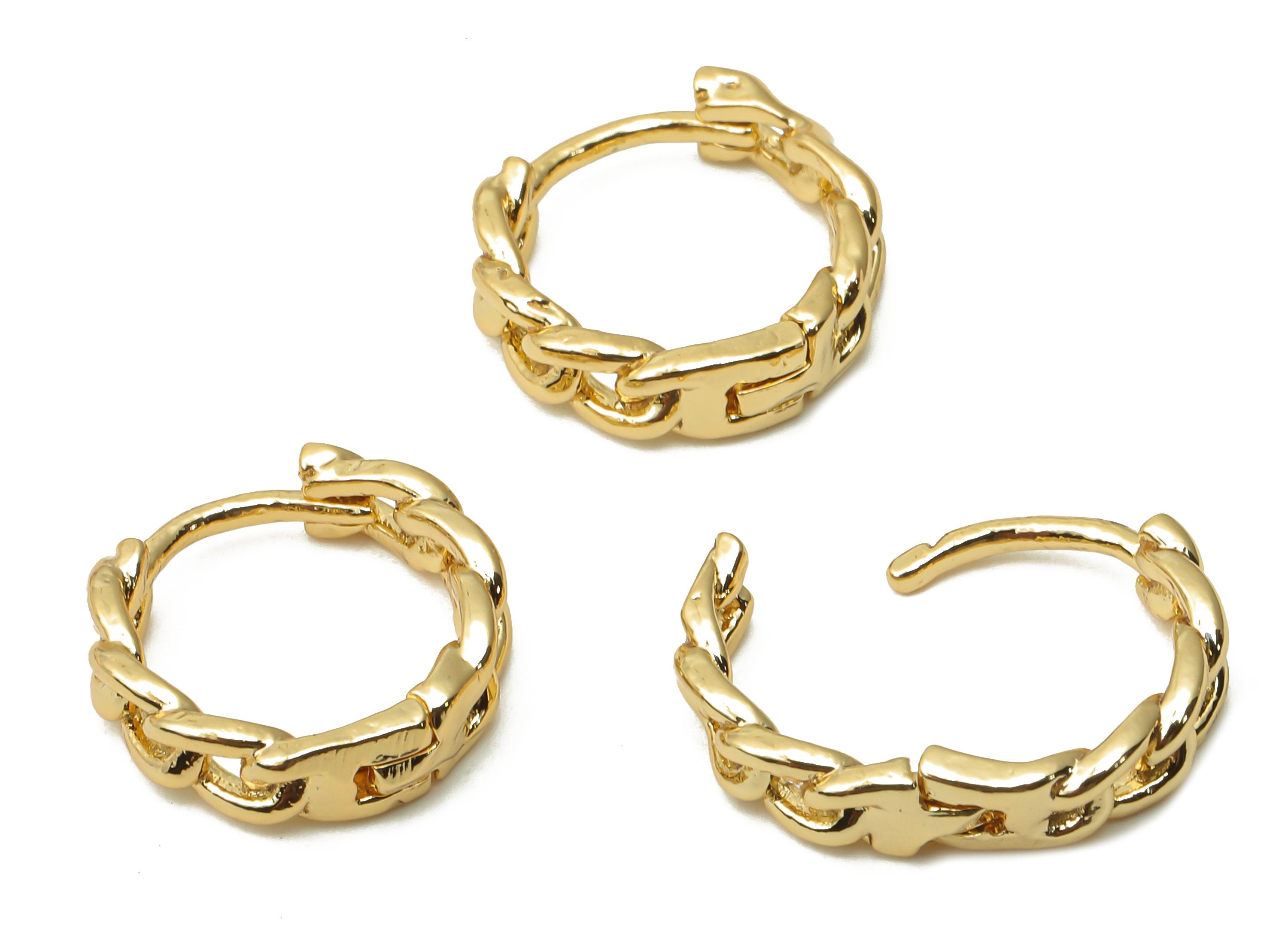 Brass Curb Chain Earrings Clasps - Gold Plated Round Earrings - Huggie Hoop Clasps - 18K Real Gold Plated - 13.19x13.19x1.3mm - RGP4830 - DOMEDBAZAAR