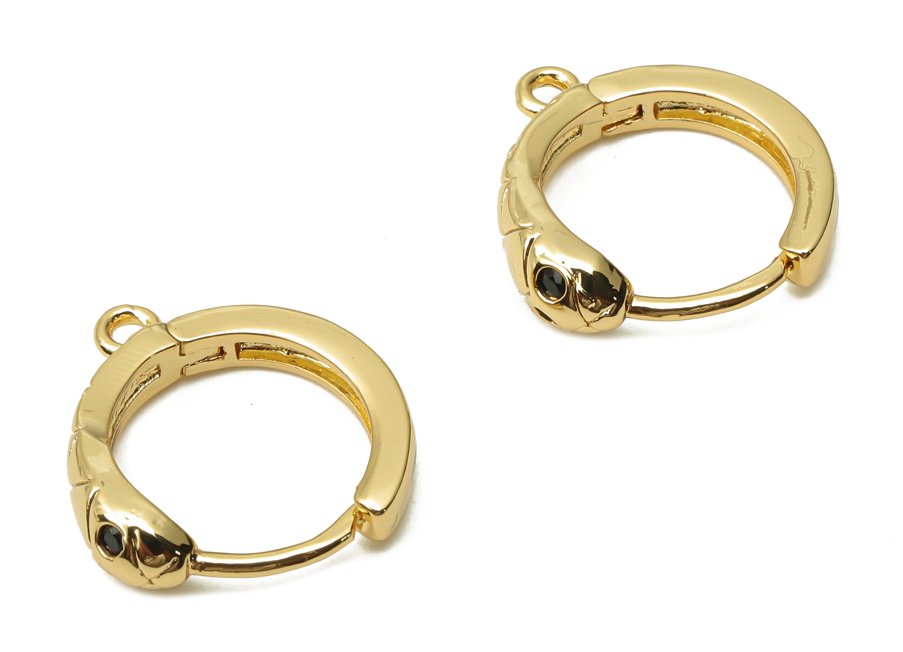 Brass Round Earrings Clasps With Zircon - Brass Round Snake Hoop With Loop - 18K Real Gold Plated - 14.6x12.89x1.93mm - RGP4838 - DOMEDBAZAAR