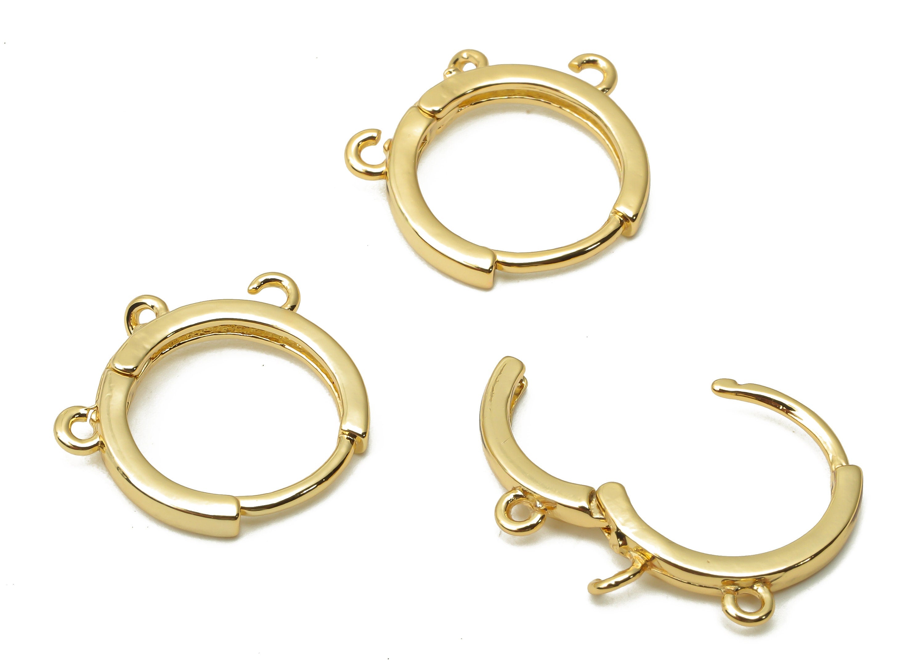 Brass Round Huggie Hoops Earrings - Clasps With 3 Loop - Earring Clasp Hoop Connector- 18K Real Gold Plated - 15.67x15.3x2.21mm - RGP4852 - DOMEDBAZAAR