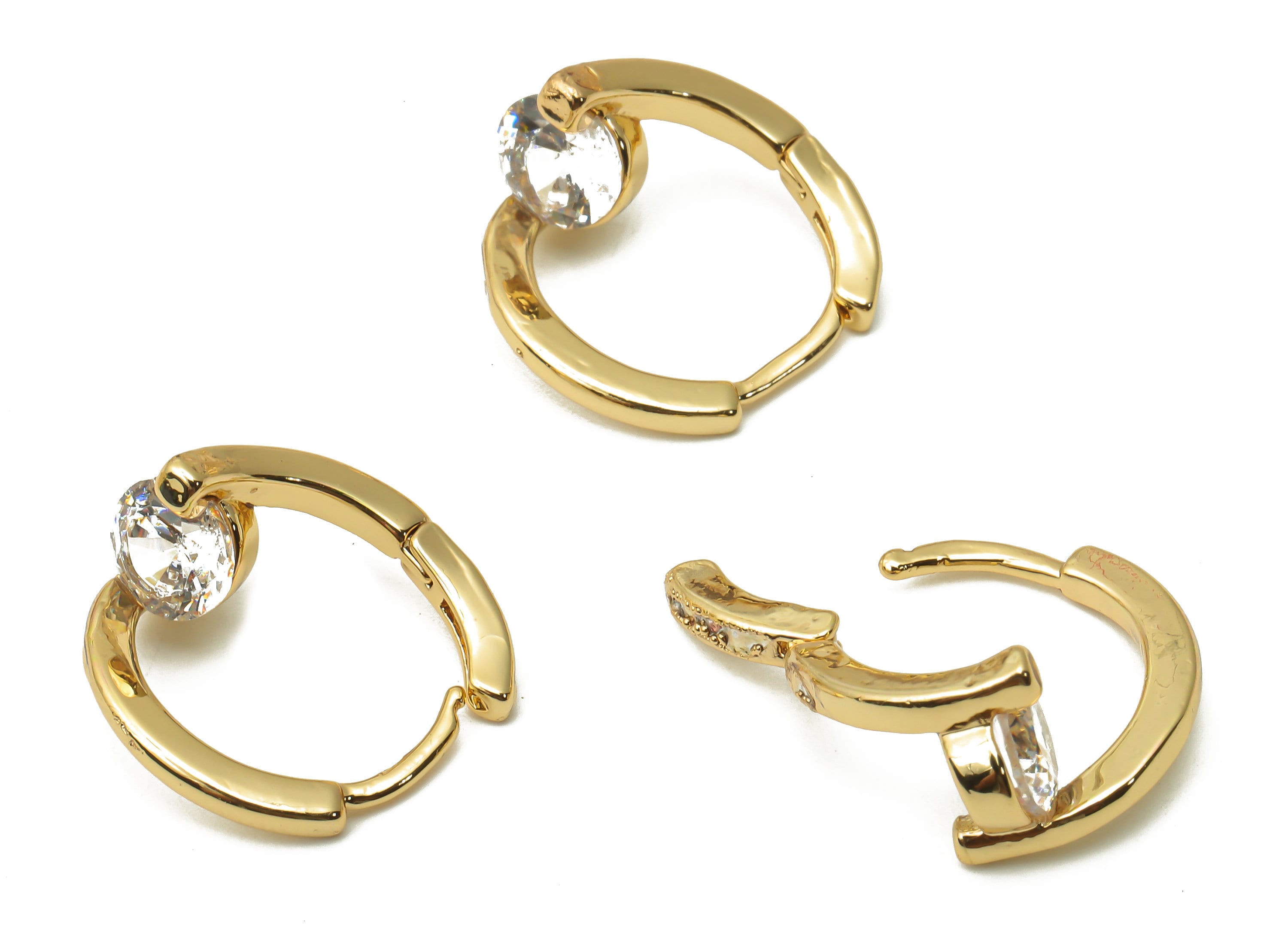 Brass Round Solitaire Ring Hoop Huggie Earring - Brass Solitaire Earring With Zircon - 18K Real Gold Plated - 16.82x15.61x1.78mm - RGP4858 - DOMEDBAZAAR
