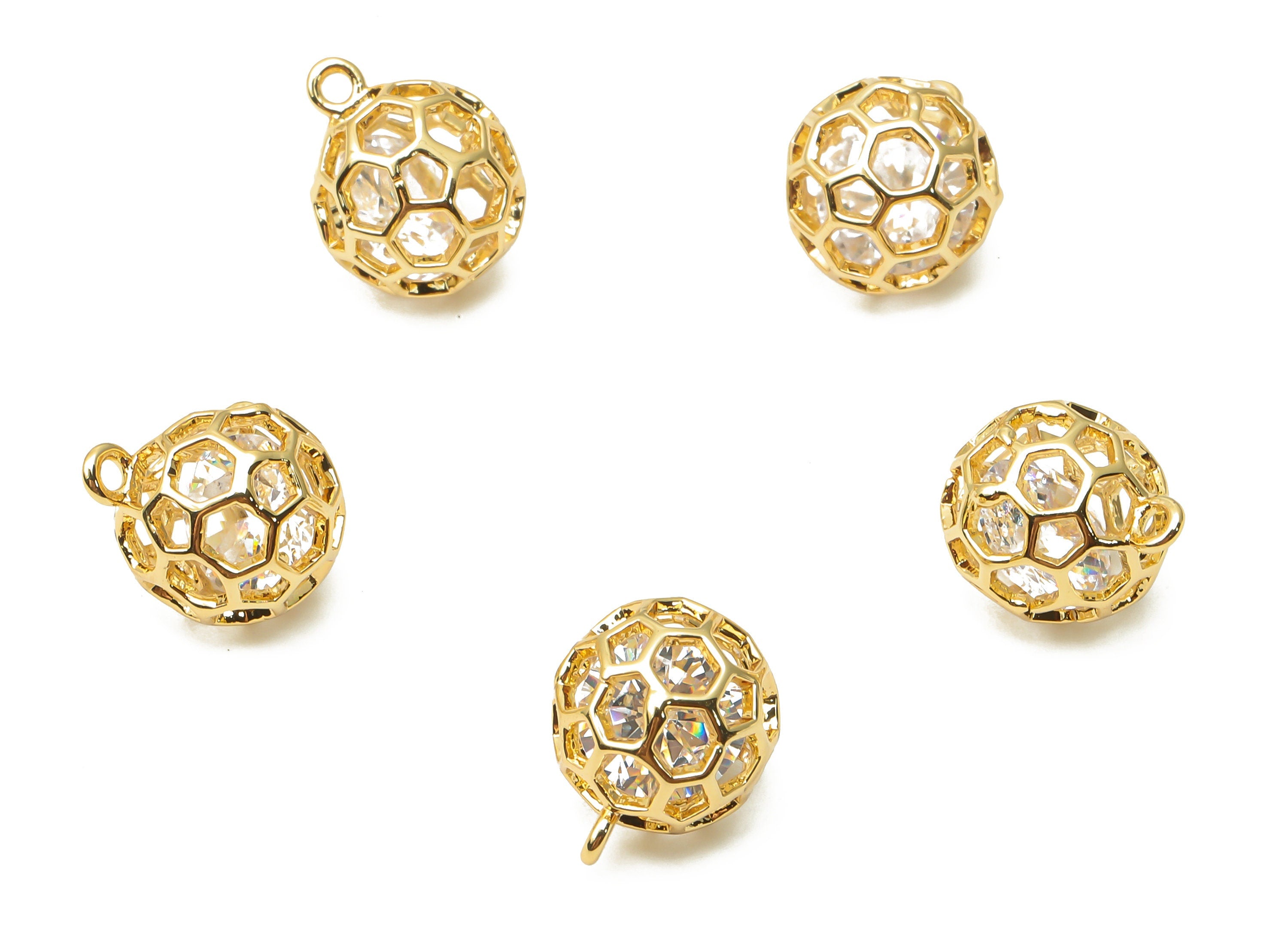 Brass Mini Round Ball Bracelet Charms with Zircon - Brass Hexagons Pendant - 18K Real Gold Plated Brass - 12.46x9.8x9.8mm -RGP4862 - DOMEDBAZAAR