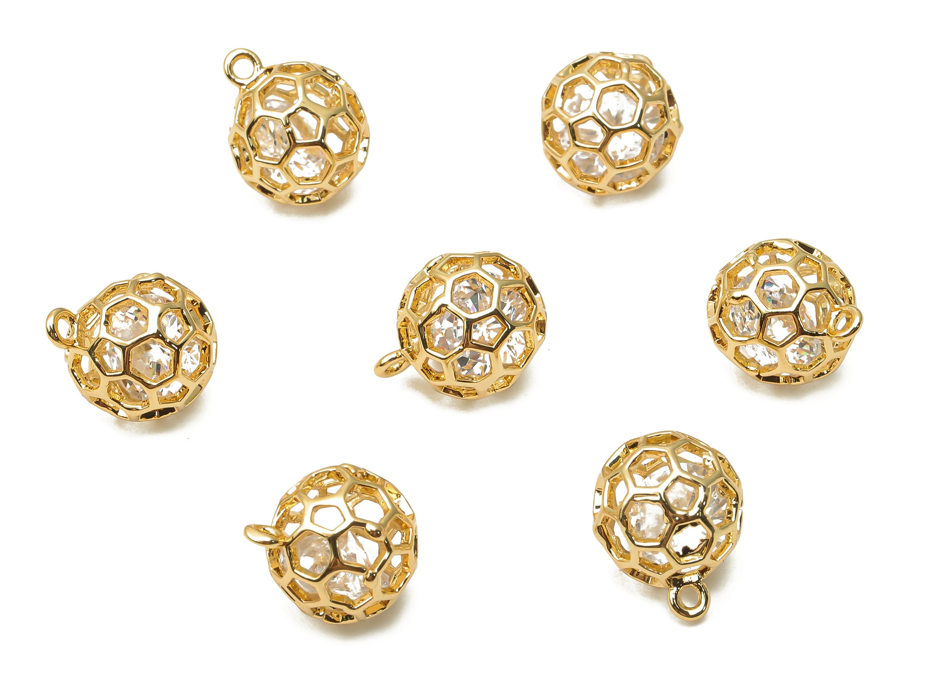 Brass Mini Round Ball Bracelet Charms with Zircon - Brass Hexagons Pendant - 18K Real Gold Plated Brass - 12.46x9.8x9.8mm -RGP4862 - DOMEDBAZAAR