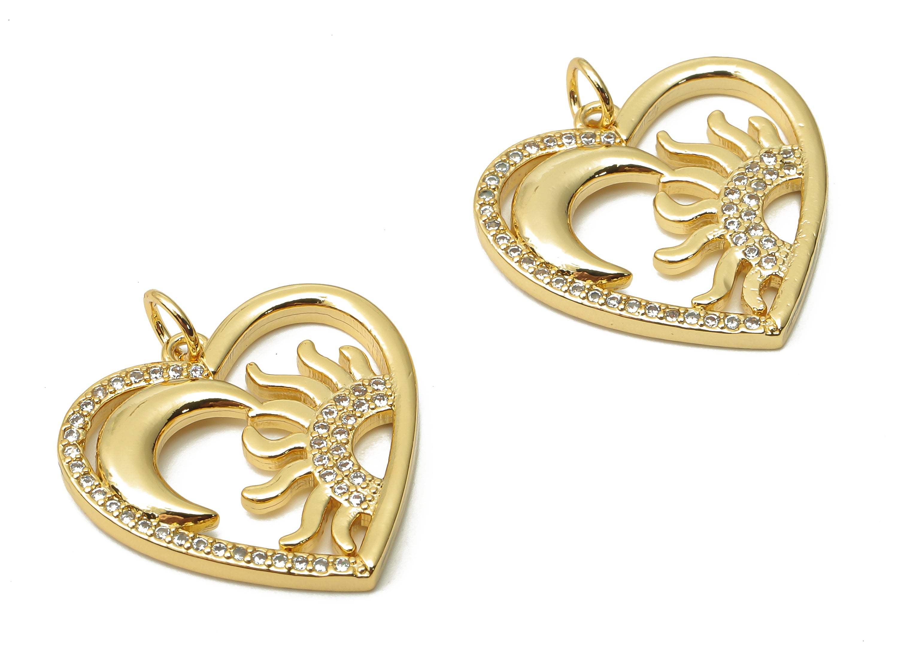 Brass Crescent Pendant with Zircons - Brass Sun Necklace - Brass Moon Pendant - 18K Real Gold Plated - 21.35x20.92x2.5mm - RGP4865 - DOMEDBAZAAR