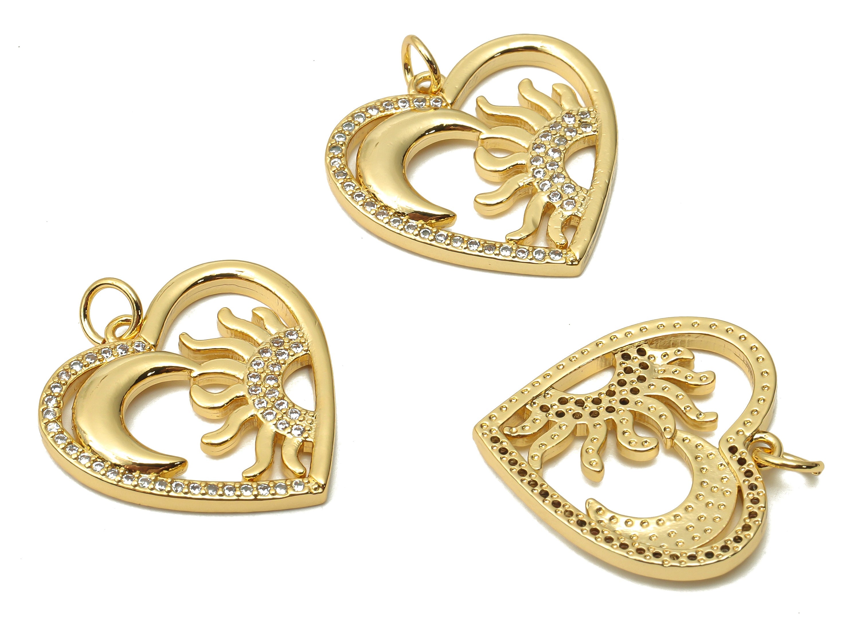 Brass Crescent Pendant with Zircons - Brass Sun Necklace - Brass Moon Pendant - 18K Real Gold Plated - 21.35x20.92x2.5mm - RGP4865 - DOMEDBAZAAR
