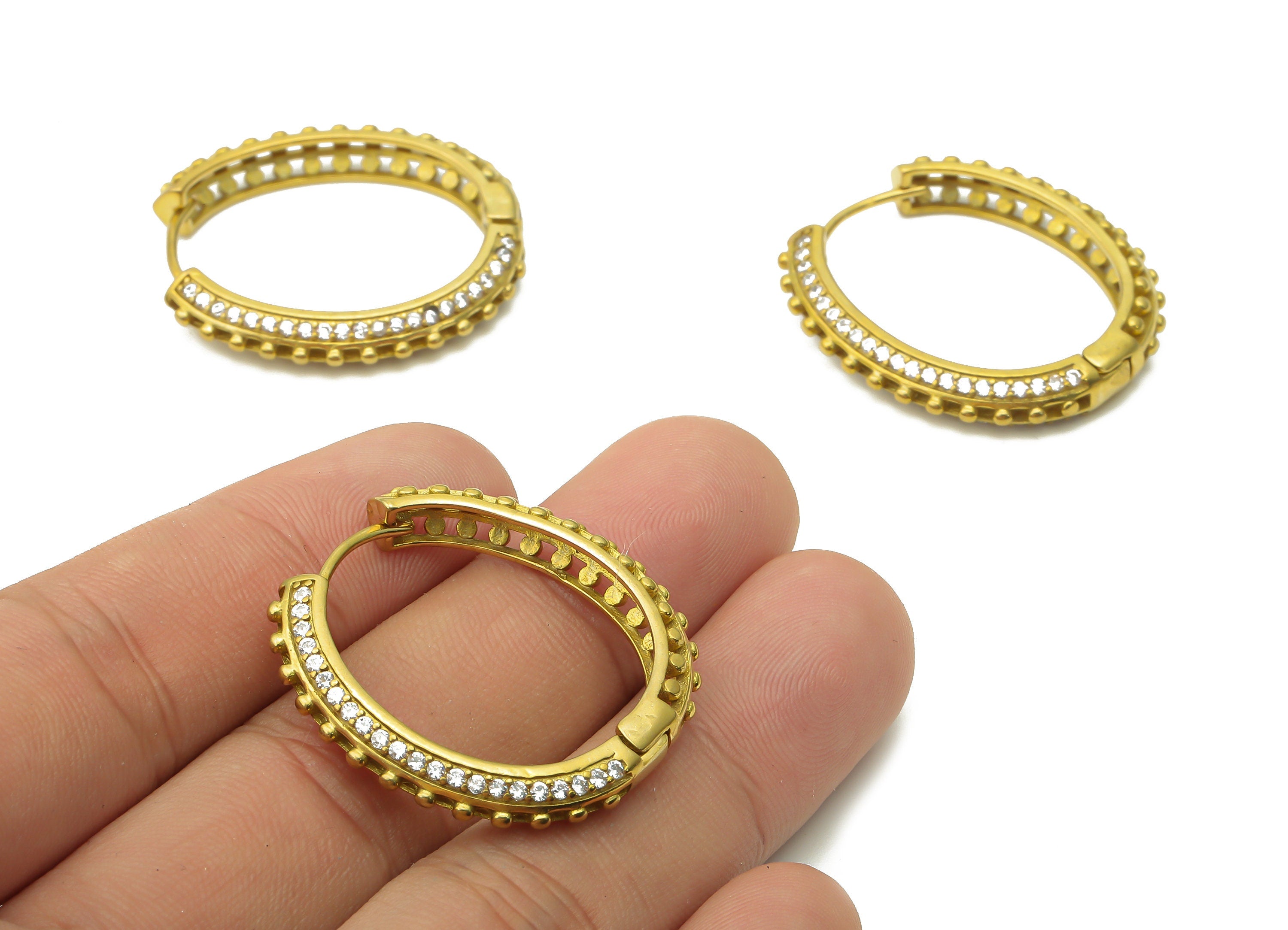 Brass Round Hoop Earring - Raw Brass Circle Hollow Hoops Earring With Zircon - Brass Earrings Clasps - 32.62x31.28x4.05mm - PP7831 - DOMEDBAZAAR