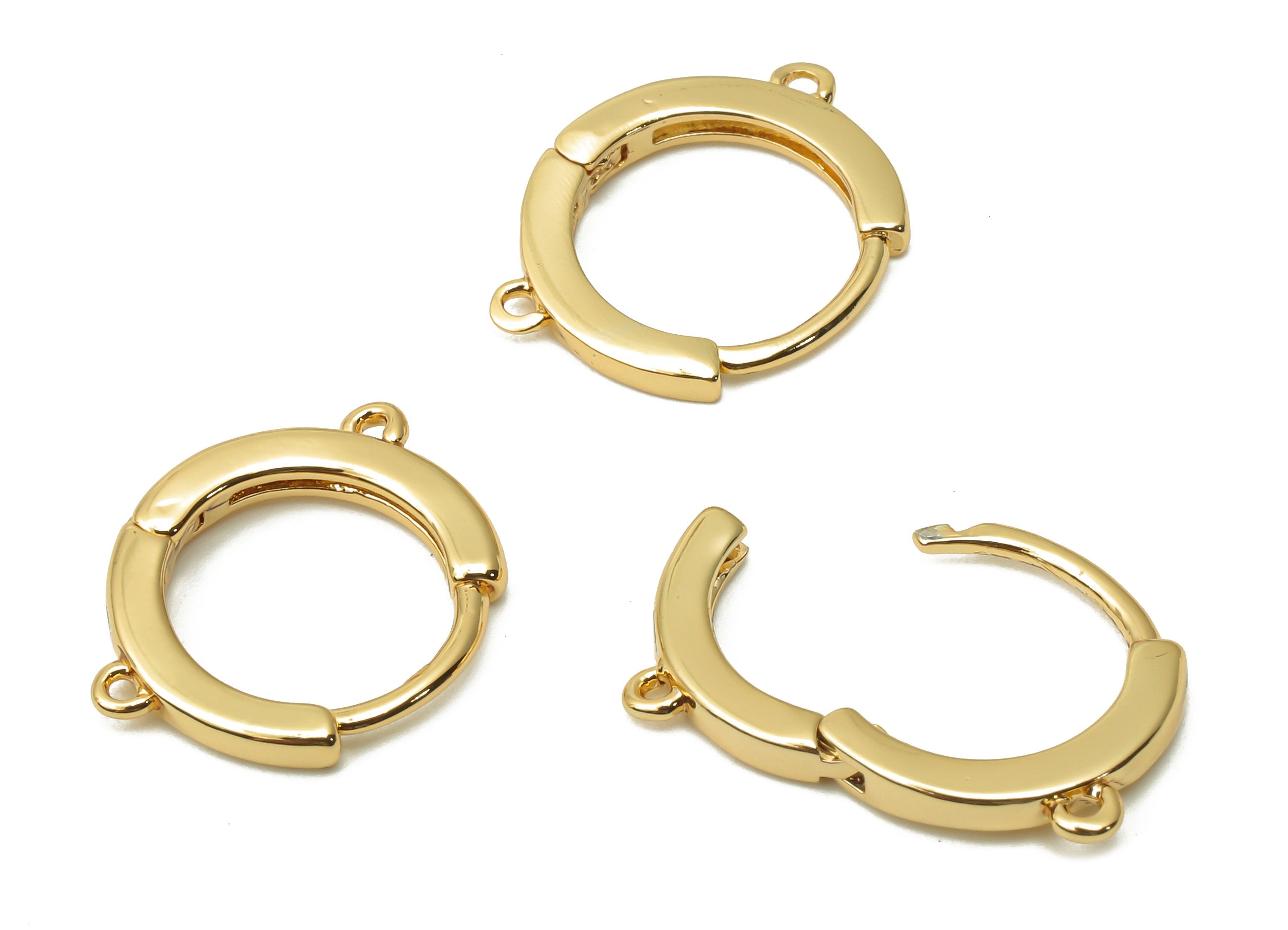 Brass Round Huggie Hoops Earrings - Earring Connector - Brass Round Clasps With Loop - 18K Real Gold Plated Brass - 15.5x12.42x2mm - RGP4880 - DOMEDBAZAAR