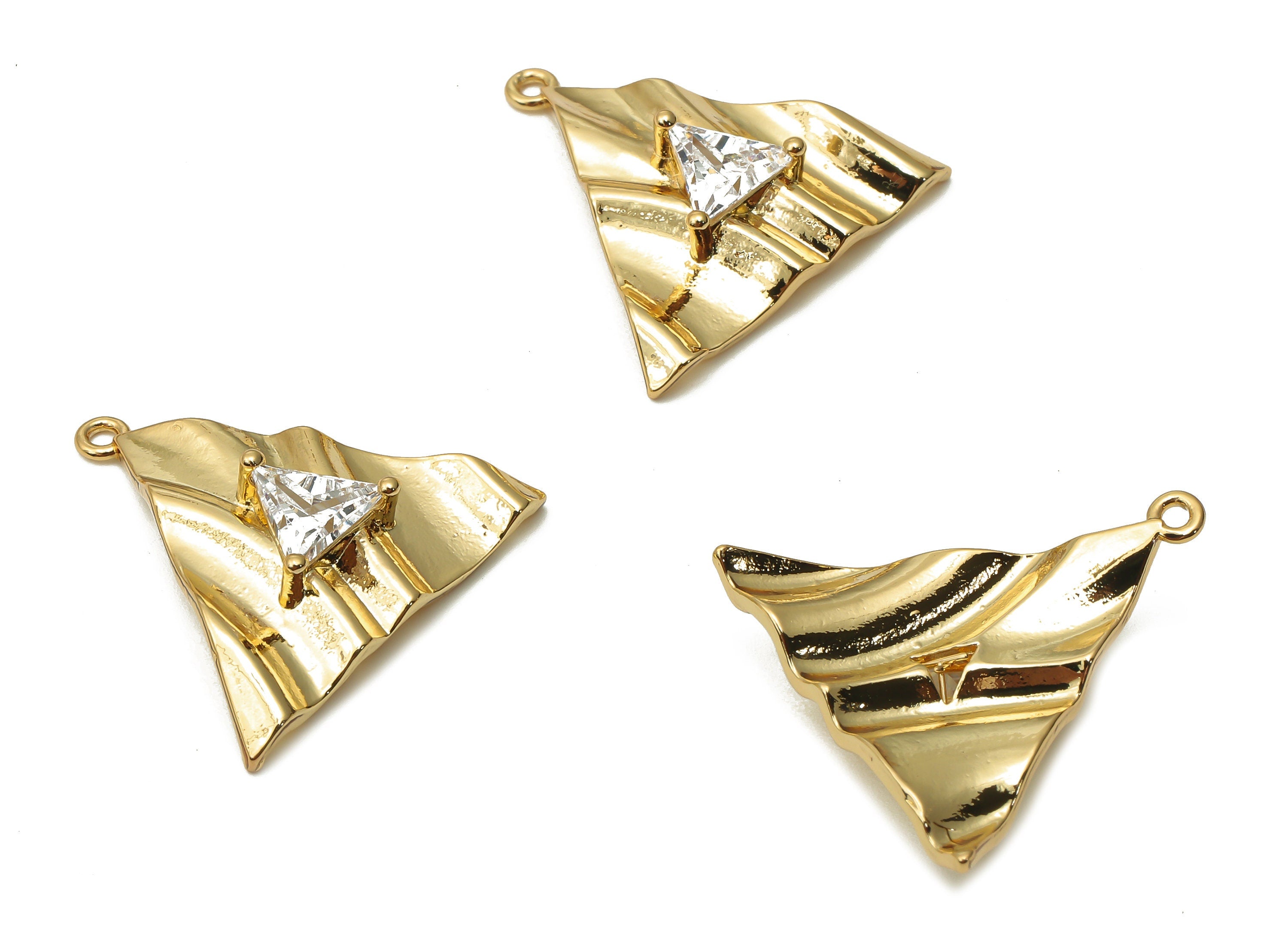 Brass Triangle Earrings Charms - Brass Wave Earring With Zircon - Triangle Wavy Pendant - 18K Real Gold Plated - 22.24x21.73x1.4mm - RGP4903 - DOMEDBAZAAR