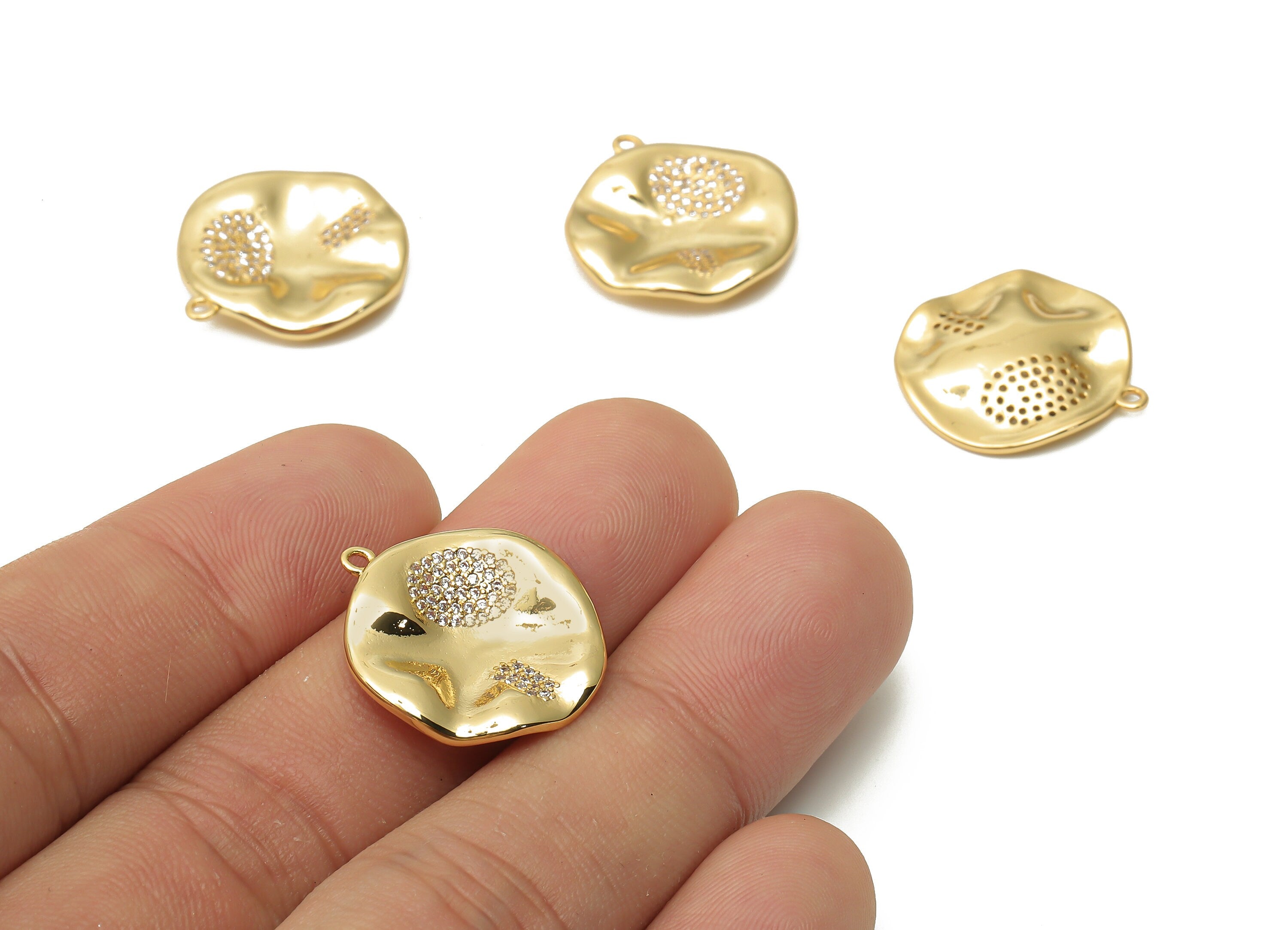 Brass Curved Round Leaf Earring Charm with Zircon - Brass Wavy Pendant - Lotus Charm - 18K Real Gold Plated-21.51x20.07x1.39mm - RGP4904 - DOMEDBAZAAR