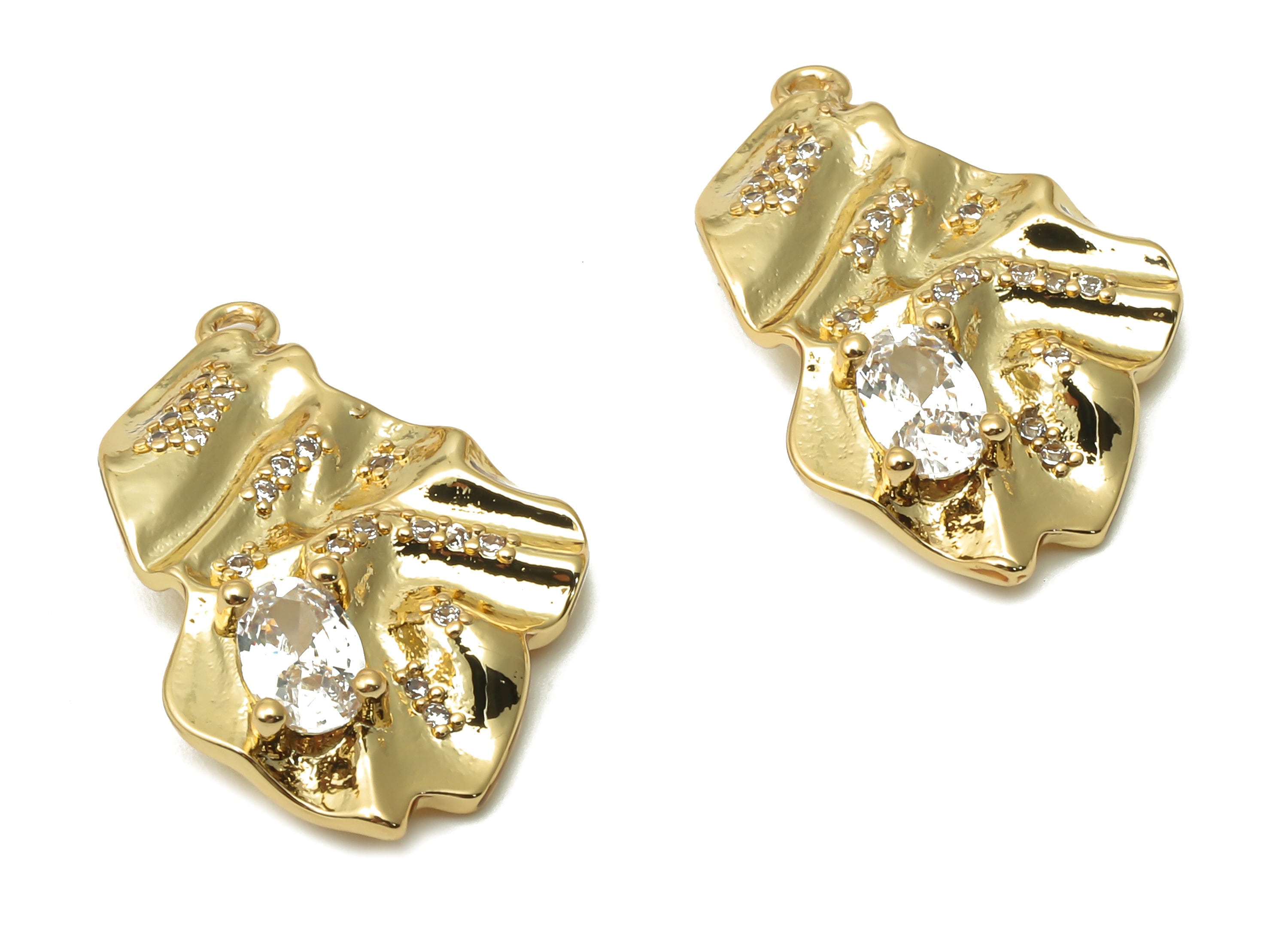 Brass Leaf Earring Charm With Zircon - Irregular Pendant - Wave Pendant - Leaf Necklace - 18K Real Gold Plated -23.2x14.9x1.88mm - RGP4906 - DOMEDBAZAAR