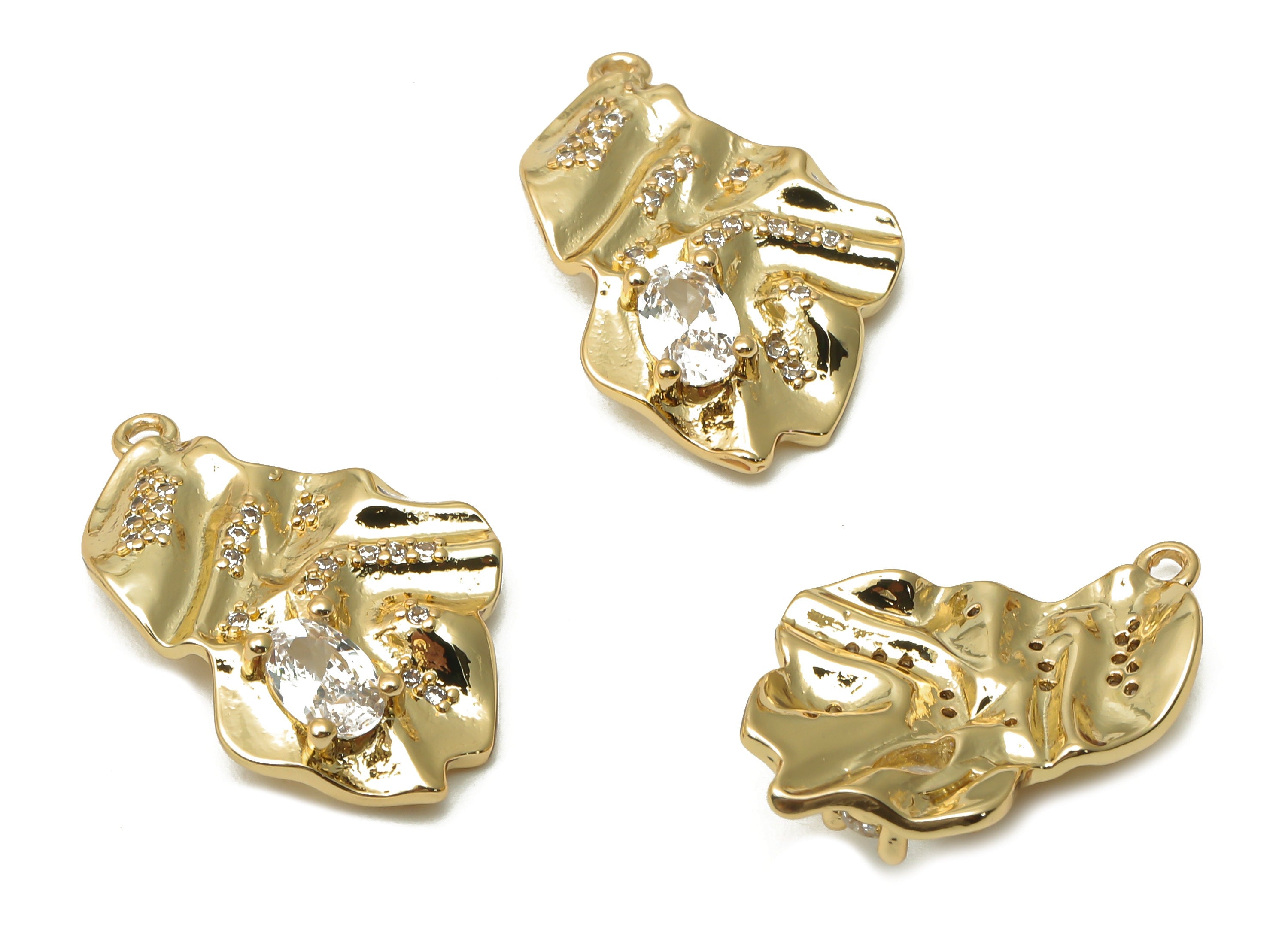 Brass Leaf Earring Charm With Zircon - Irregular Pendant - Wave Pendant - Leaf Necklace - 18K Real Gold Plated -23.2x14.9x1.88mm - RGP4906 - DOMEDBAZAAR