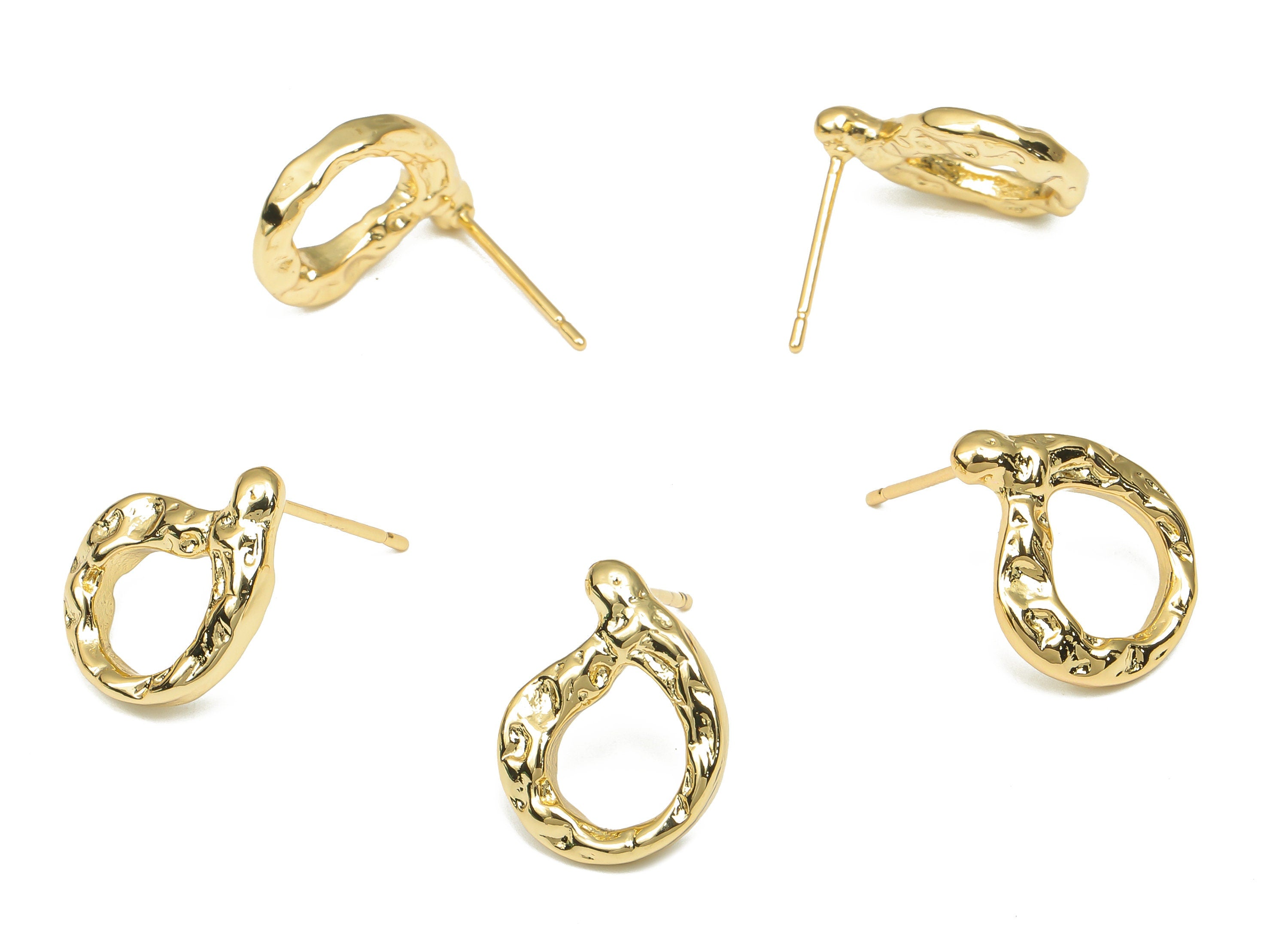 Brass Textured Earring Studs - 18K Real Gold Plated Brass Posts - Imitation Silver Stud - Geometric Stud Earring - 15.7x12.2x2.3mm - RGP4543 - DOMEDBAZAAR