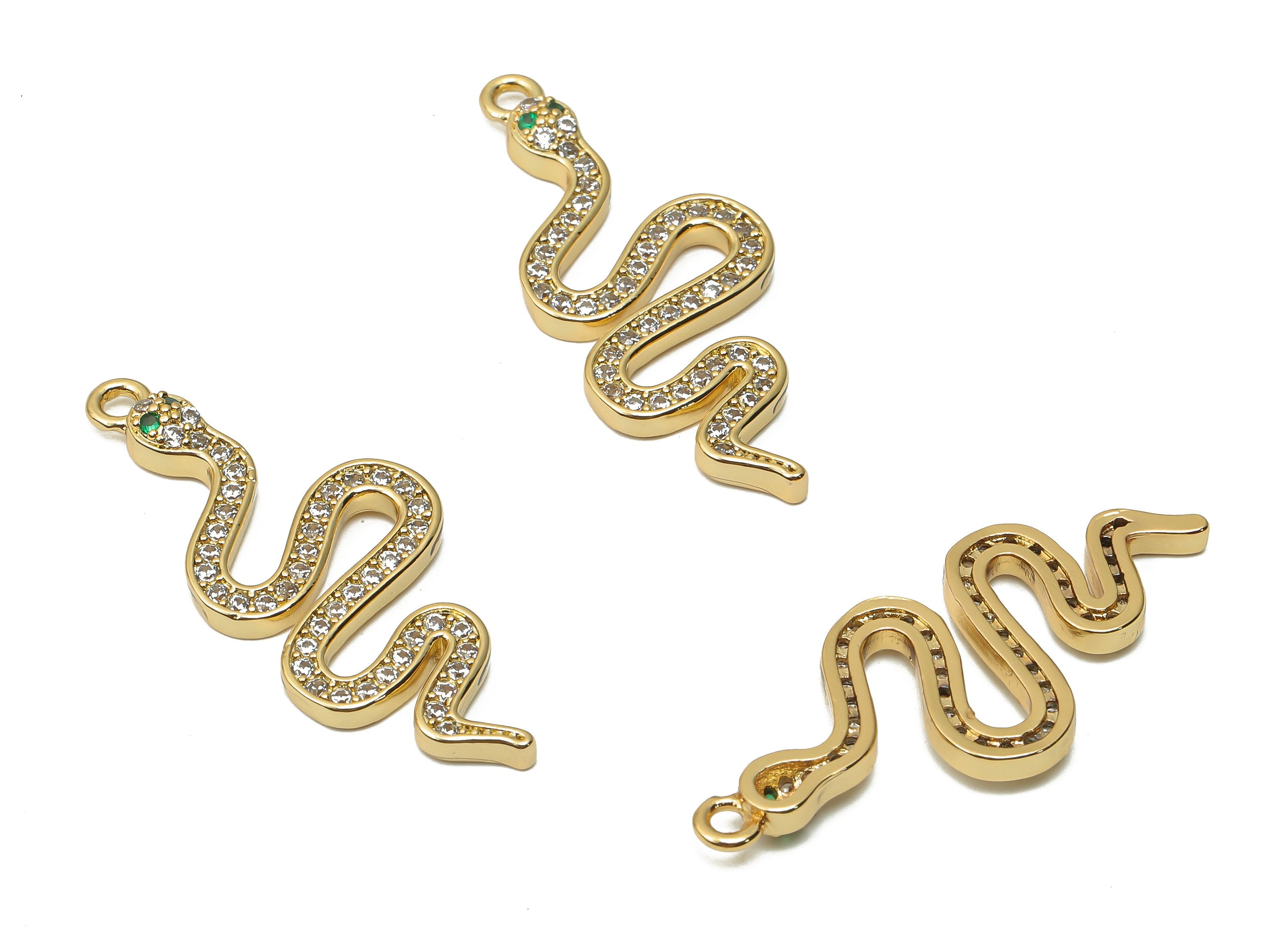 Brass Snake Earring with Zircons - Brass Snake Necklace - Snake Pendant - 18K Real Gold Plated - 34.2x14.23x1.95mm - RGP4913 - DOMEDBAZAAR