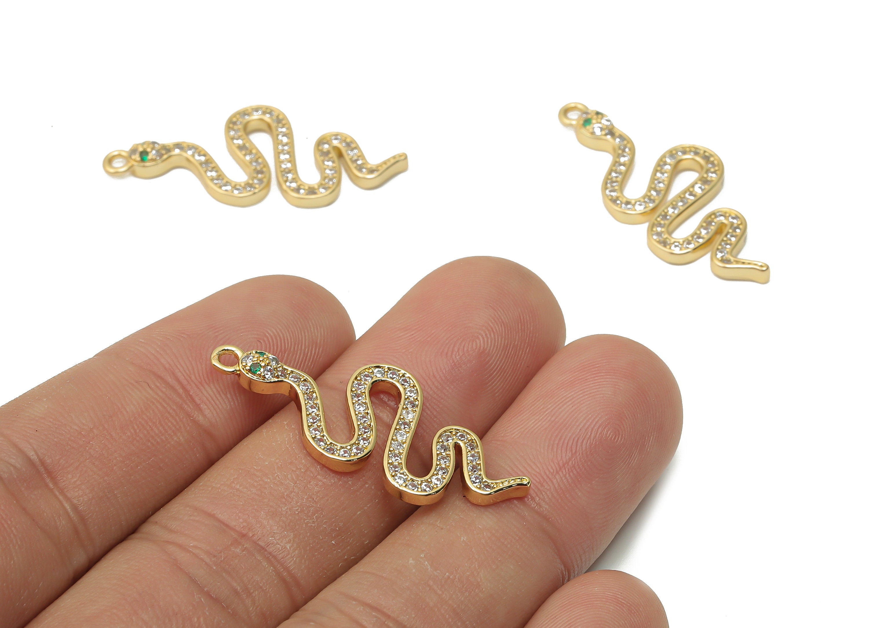 Brass Snake Earring with Zircons - Brass Snake Necklace - Snake Pendant - 18K Real Gold Plated - 34.2x14.23x1.95mm - RGP4913 - DOMEDBAZAAR