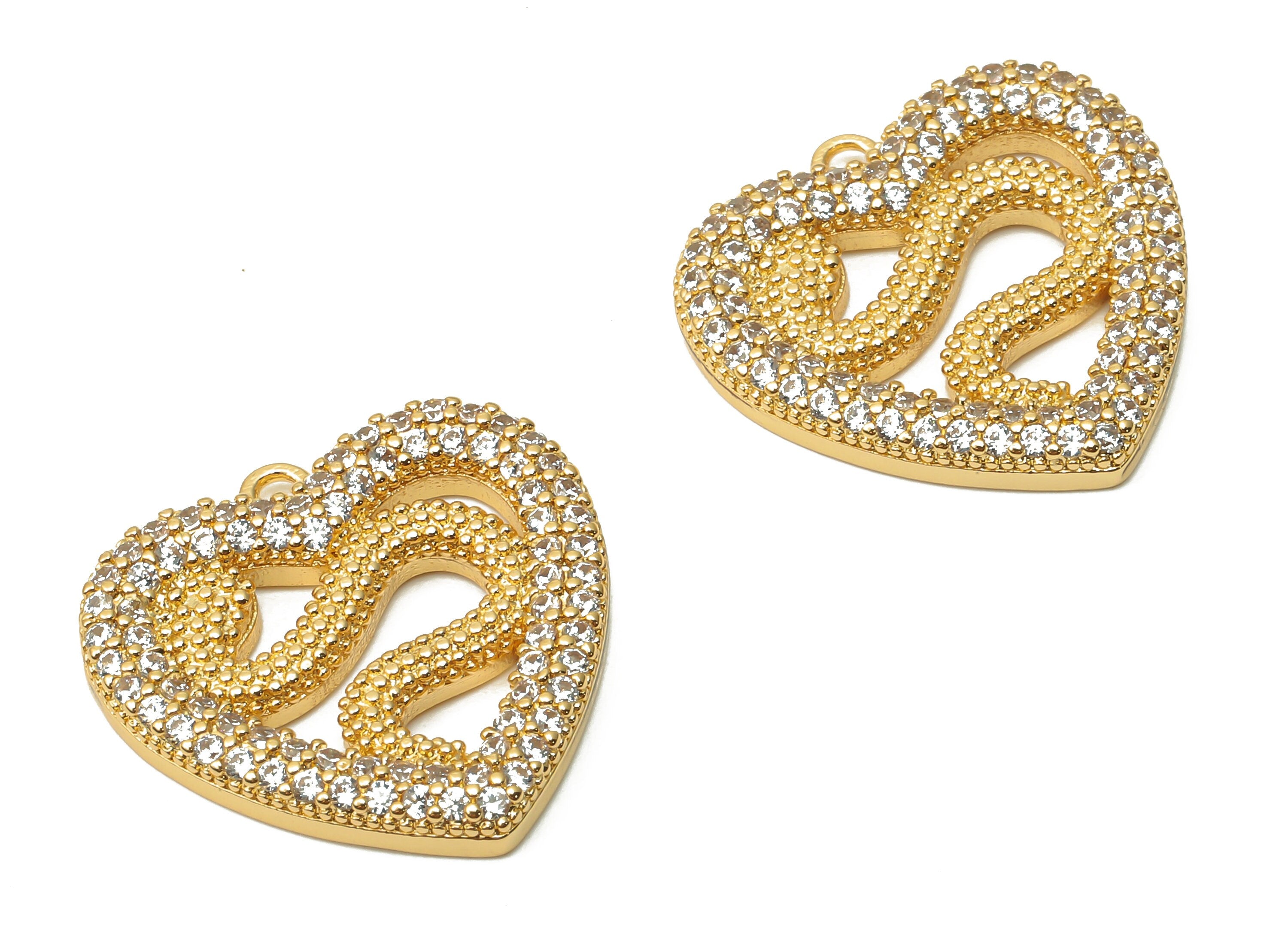 Brass Snake Earring with Zircons - Brass Snake Necklace - Heart Pendant - Snake Pendant - 18K Real Gold Plated - 21.29x21.07x3mm - RGP4914 - DOMEDBAZAAR