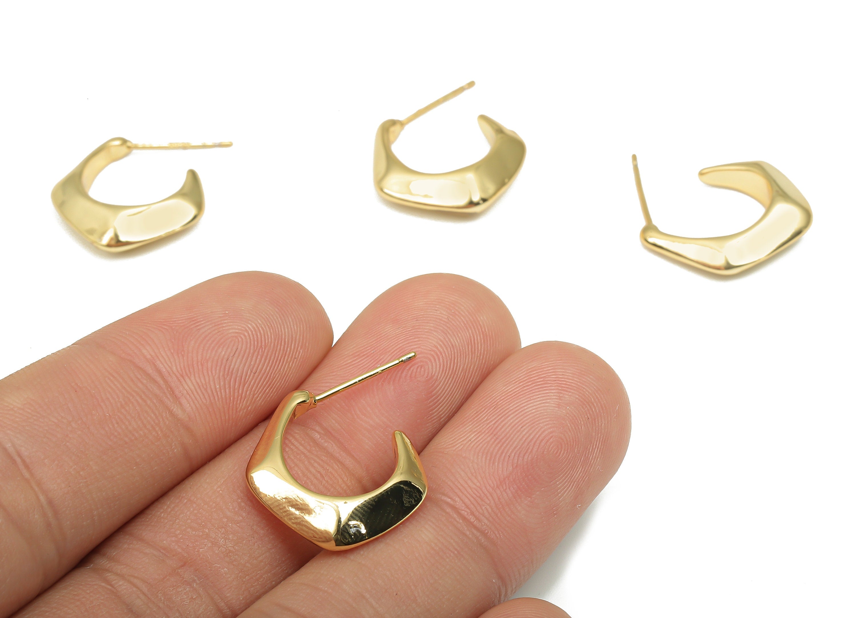 Gold Open Hoop Earring - Brass Geometric Stud - 18K Real Gold Plated Brass Open Hoops - Imitation Silver Stud - 18x15.7x5.5mm - RGP4545 - DOMEDBAZAAR