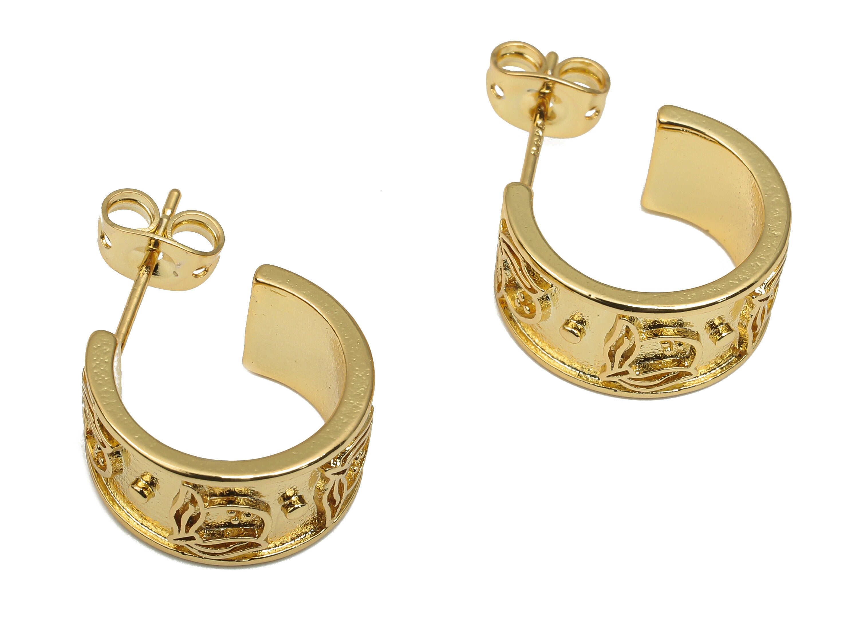 Gold Thick Hoop Earring - Bass Flower Hoop Earring - 18K Real Gold Plated Brass Posts - Imitation Silver Stud -15.1x7.8x1.6mm - RGP4546 - DOMEDBAZAAR