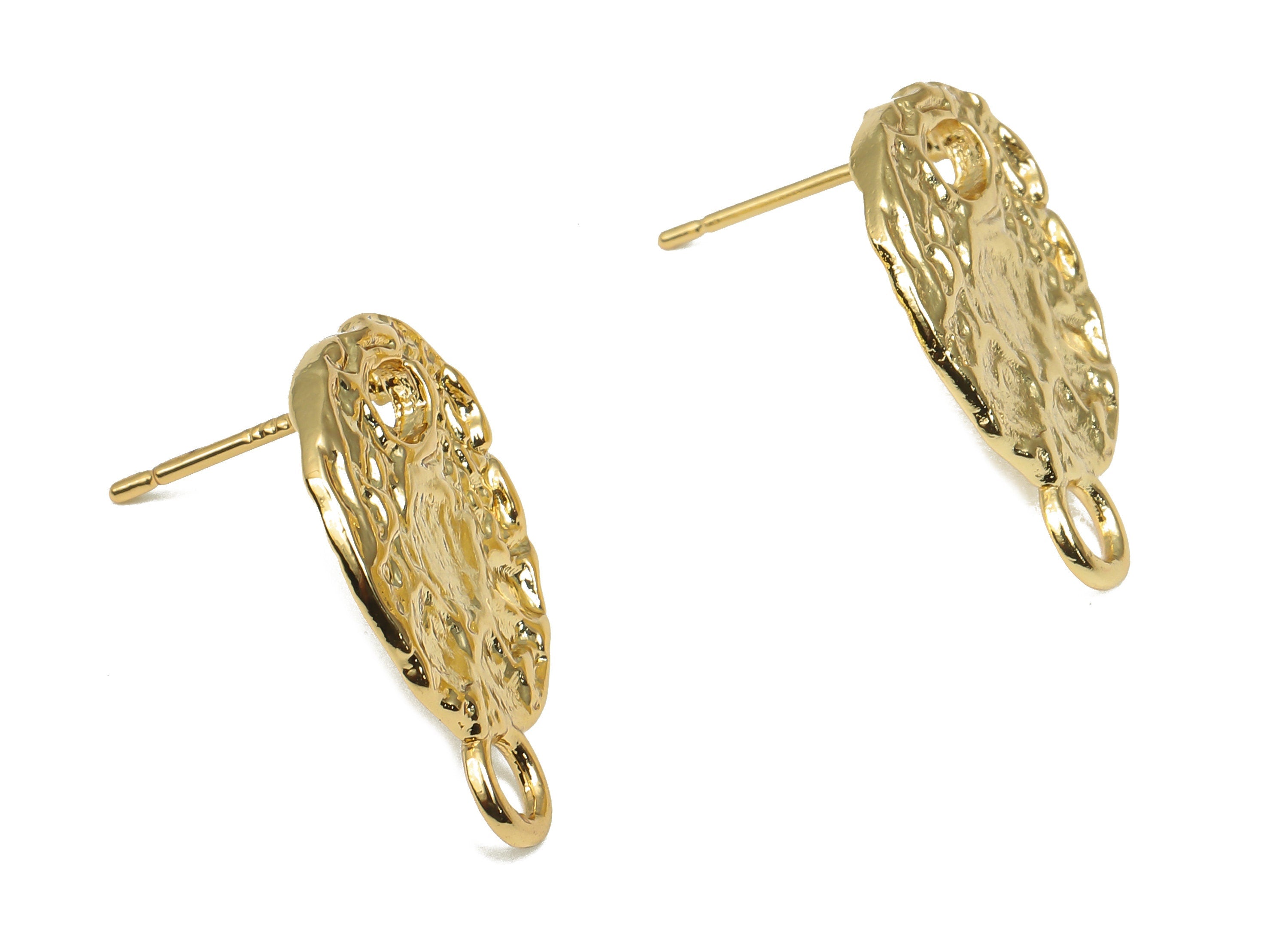 Gold Oval Earring Stud - Brass Hammered Stud With Loop - 18K Real Gold Plated Brass Earring - Imitation Silver Stud - 20.3x14x1.7mm- RGP4547 - DOMEDBAZAAR