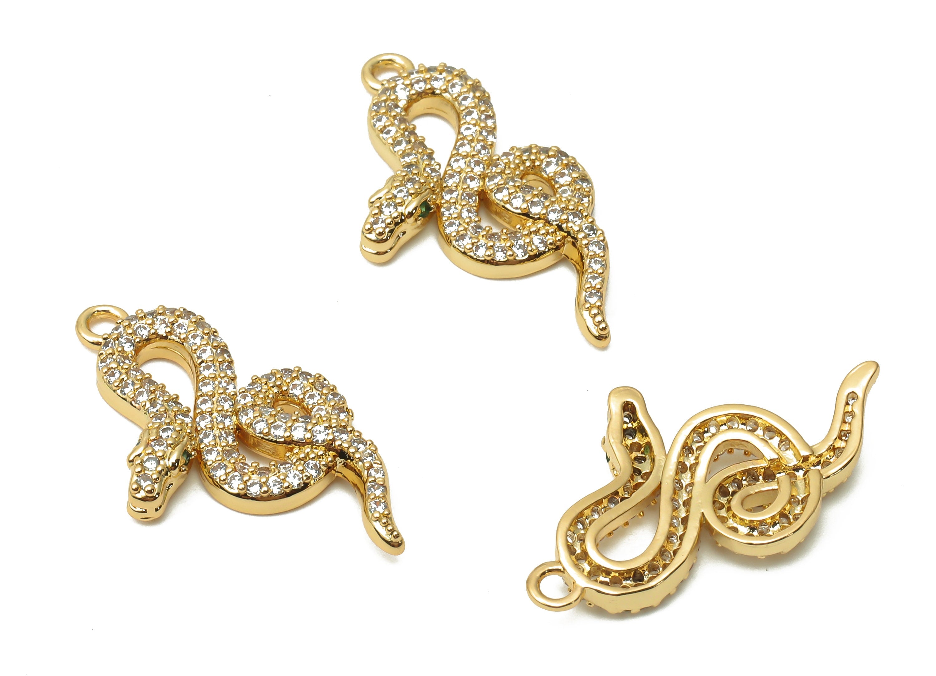 Brass Snake Earring with Zircons - Brass Green Eye Snake Charm - Brass Snake Pendant - 18K Real Gold Plated - 24.34x13.74x2.58mm - RGP4919 - DOMEDBAZAAR