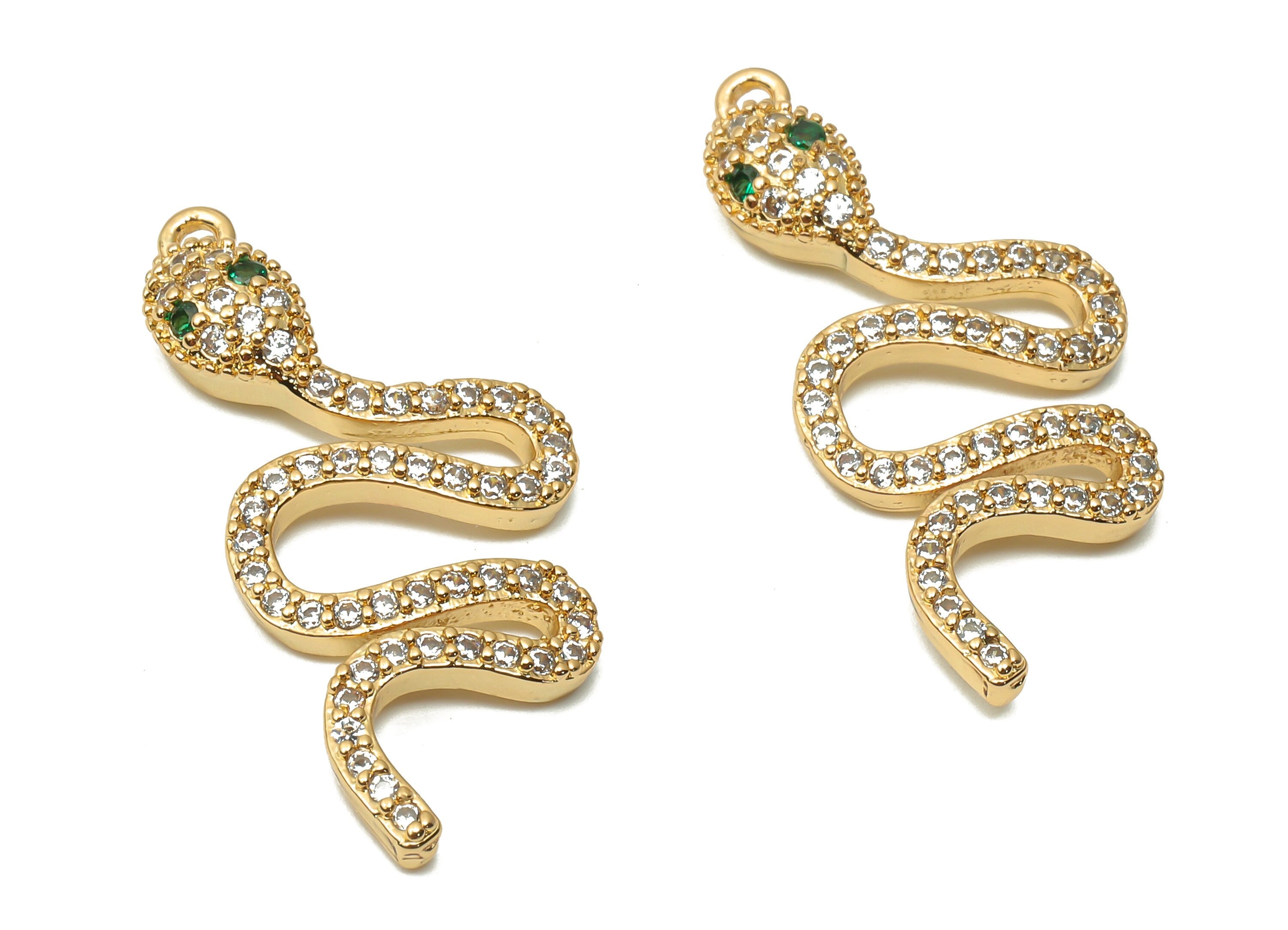 Brass Snake Earring with Zircons - Brass Green Eye Snake Charm - Brass Snake Pendant - 18K Real Gold Plated - 30.88x14.8x3.82mm - RGP4920 - DOMEDBAZAAR