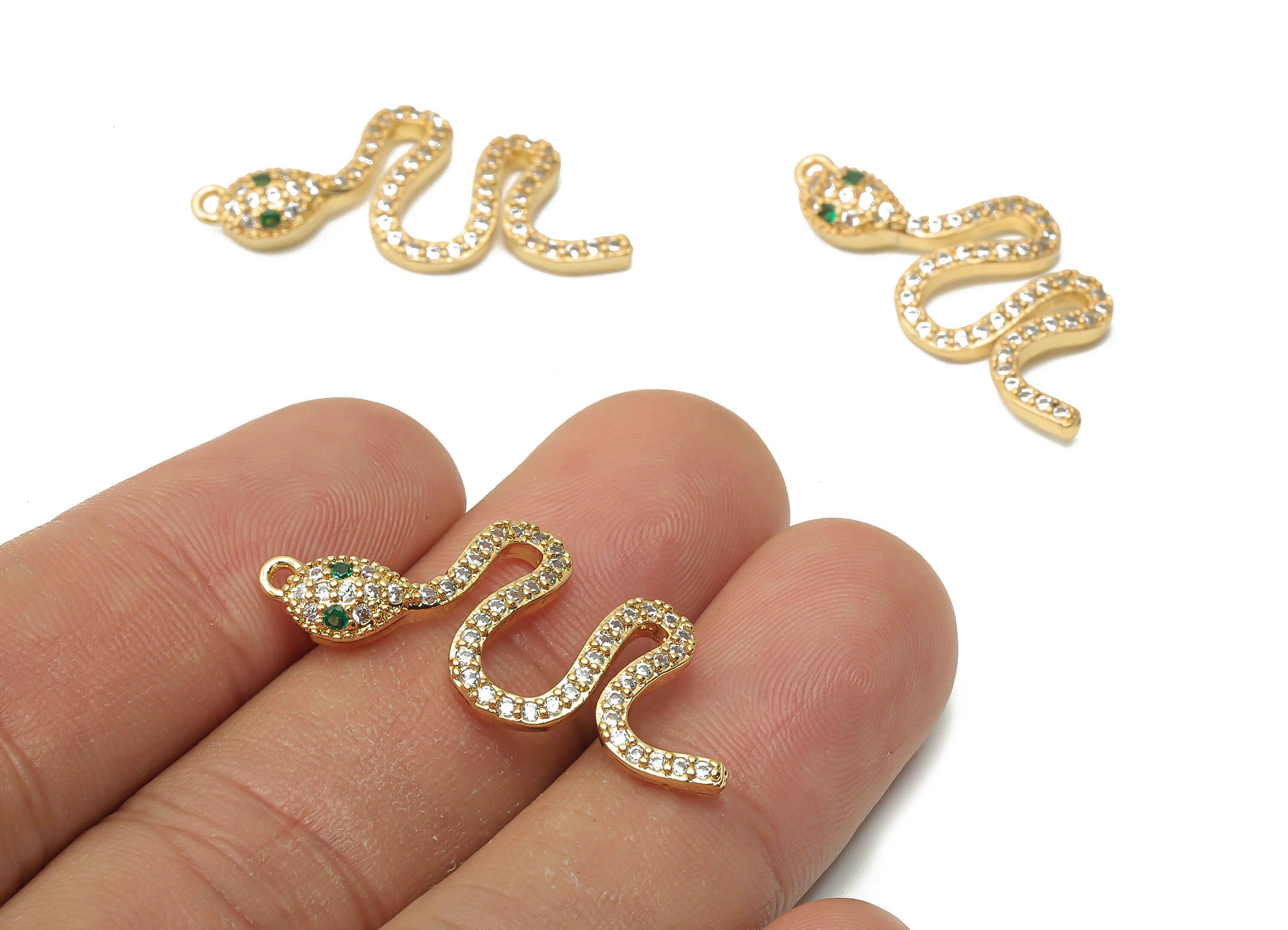 Brass Snake Earring with Zircons - Brass Green Eye Snake Charm - Brass Snake Pendant - 18K Real Gold Plated - 30.88x14.8x3.82mm - RGP4920 - DOMEDBAZAAR