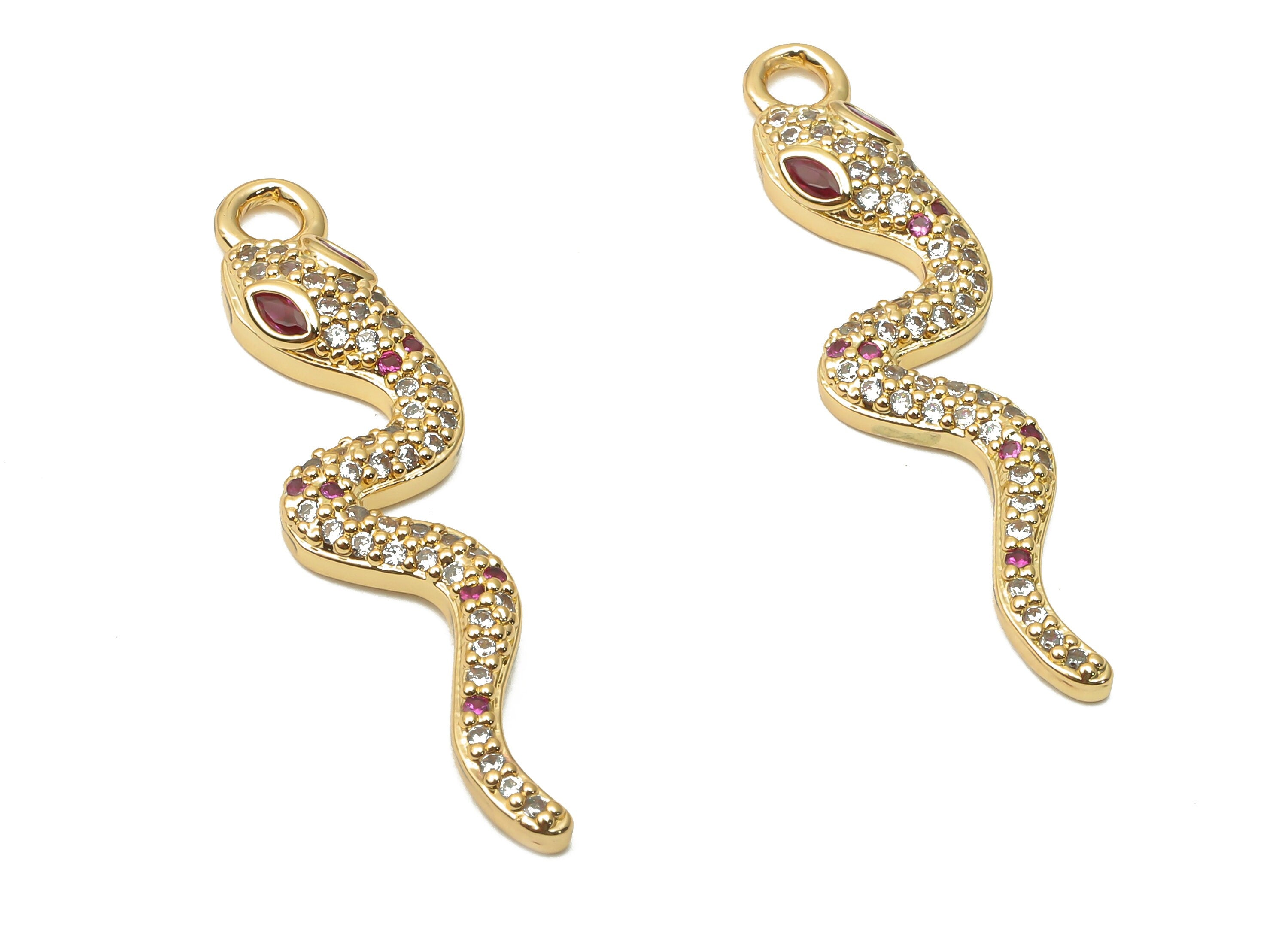 Brass Mini Snake Earring Charms - Brass Snake Necklace with Zircons - Snake For Pendant- 18K Real Gold Plated -34.88x8.35x3.2mm - RGP4921 - DOMEDBAZAAR