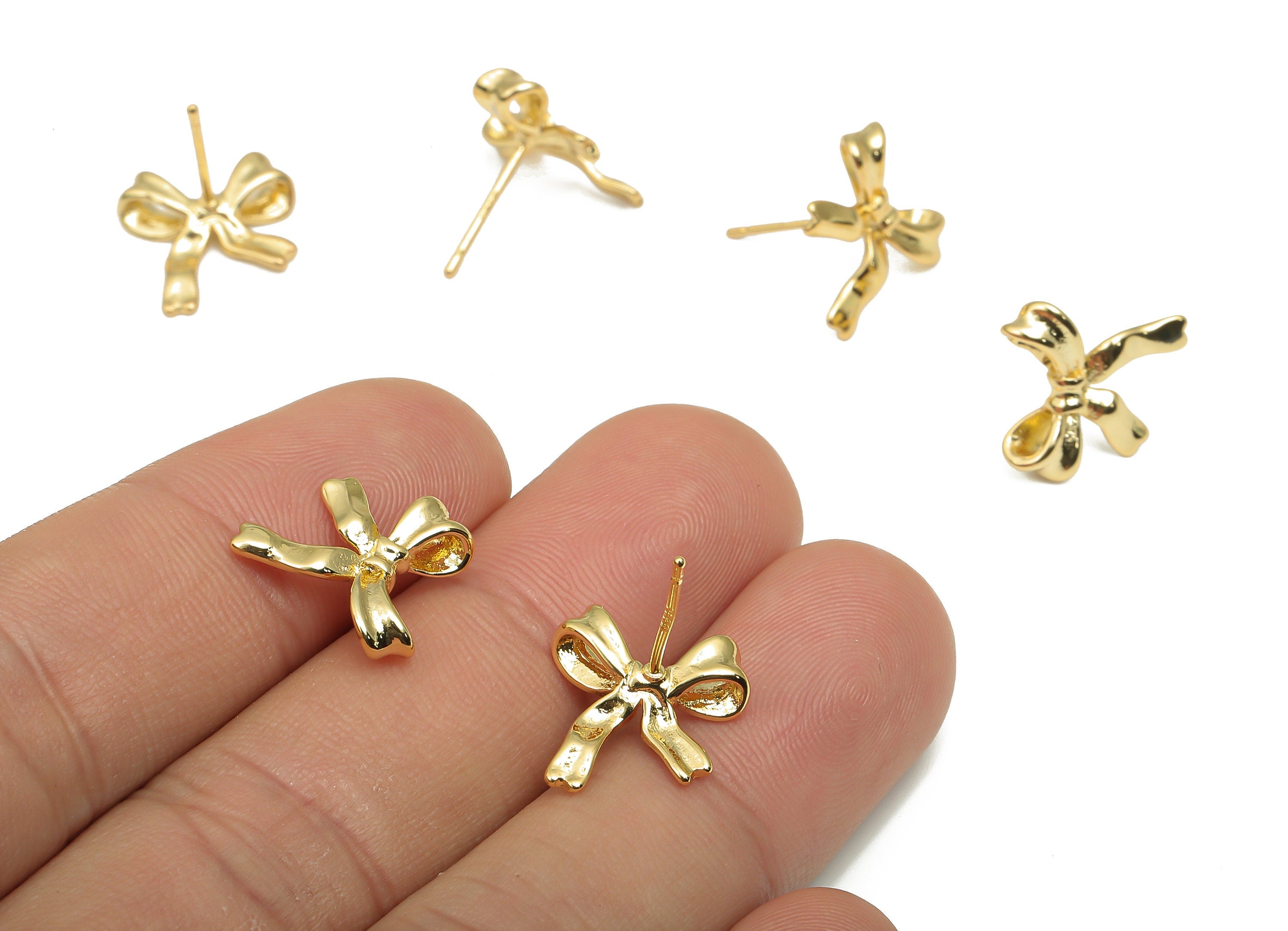 Gold Bowtie Earring Stud - Brass Bowknot Stud - 18K Real Gold Plated Brass Bowknot Ear Post - Imitation Silver Stud - 4.1x13.5x1mm - RGP4548 - DOMEDBAZAAR