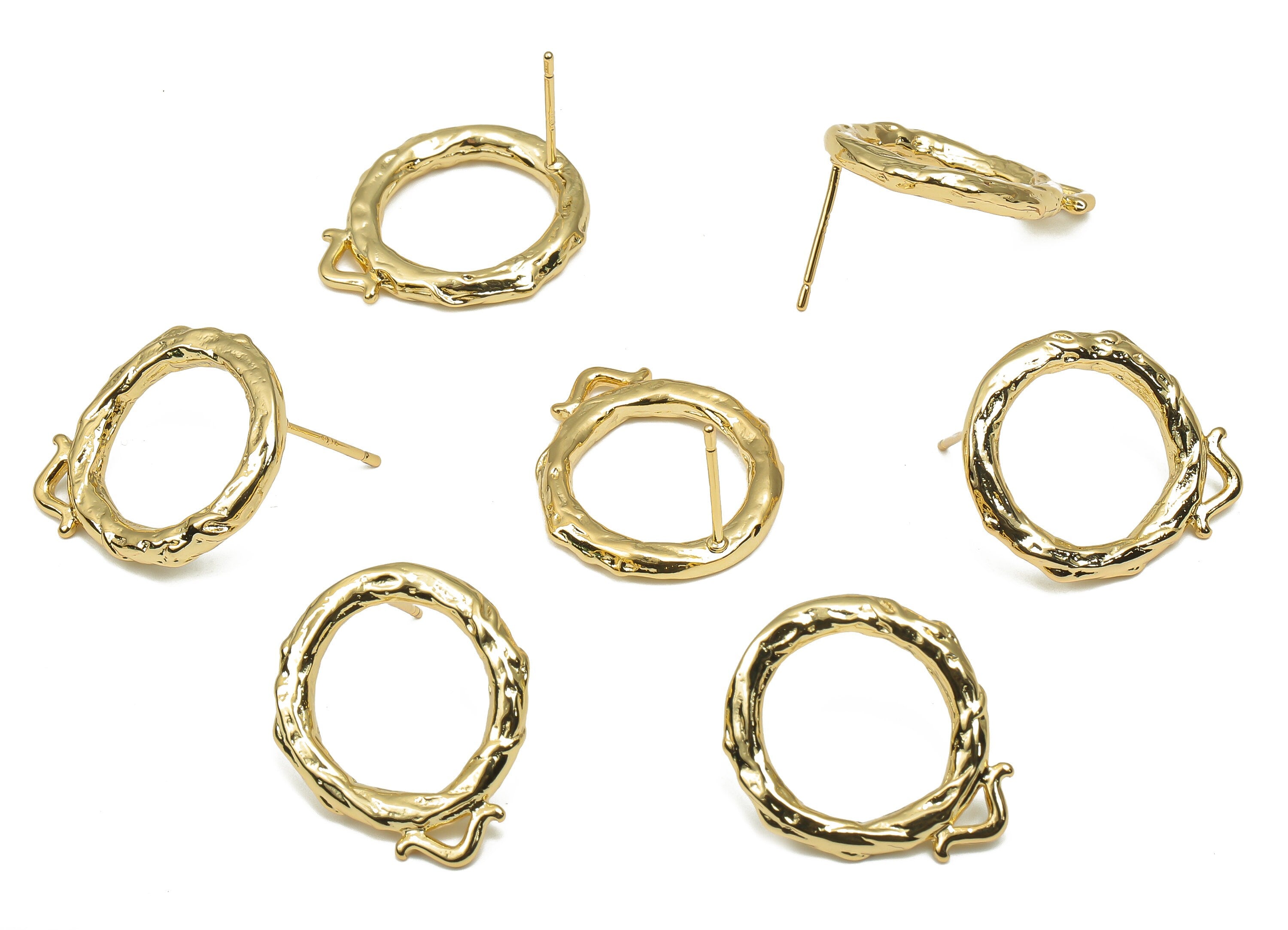 Brass Textured Round Earring Stud With Loop - 18K Real Gold Plated Brass - Imitation Silver Stud - Earring Post - 22.4x18.5x2.8mm - RGP4549 - DOMEDBAZAAR