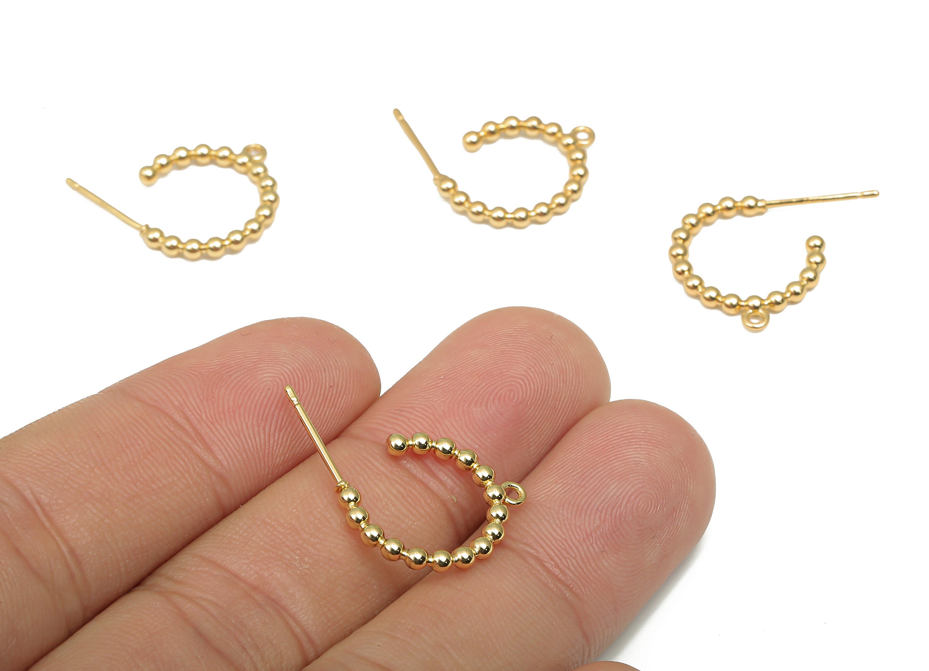 Brass Hoop Earring - Gold Balls Hoop Earrings With Loop - Imitation Silver Stud - 18K Real Gold Plated Brass - Post -15.5x14.6x2.1mm-RGP4550 - DOMEDBAZAAR