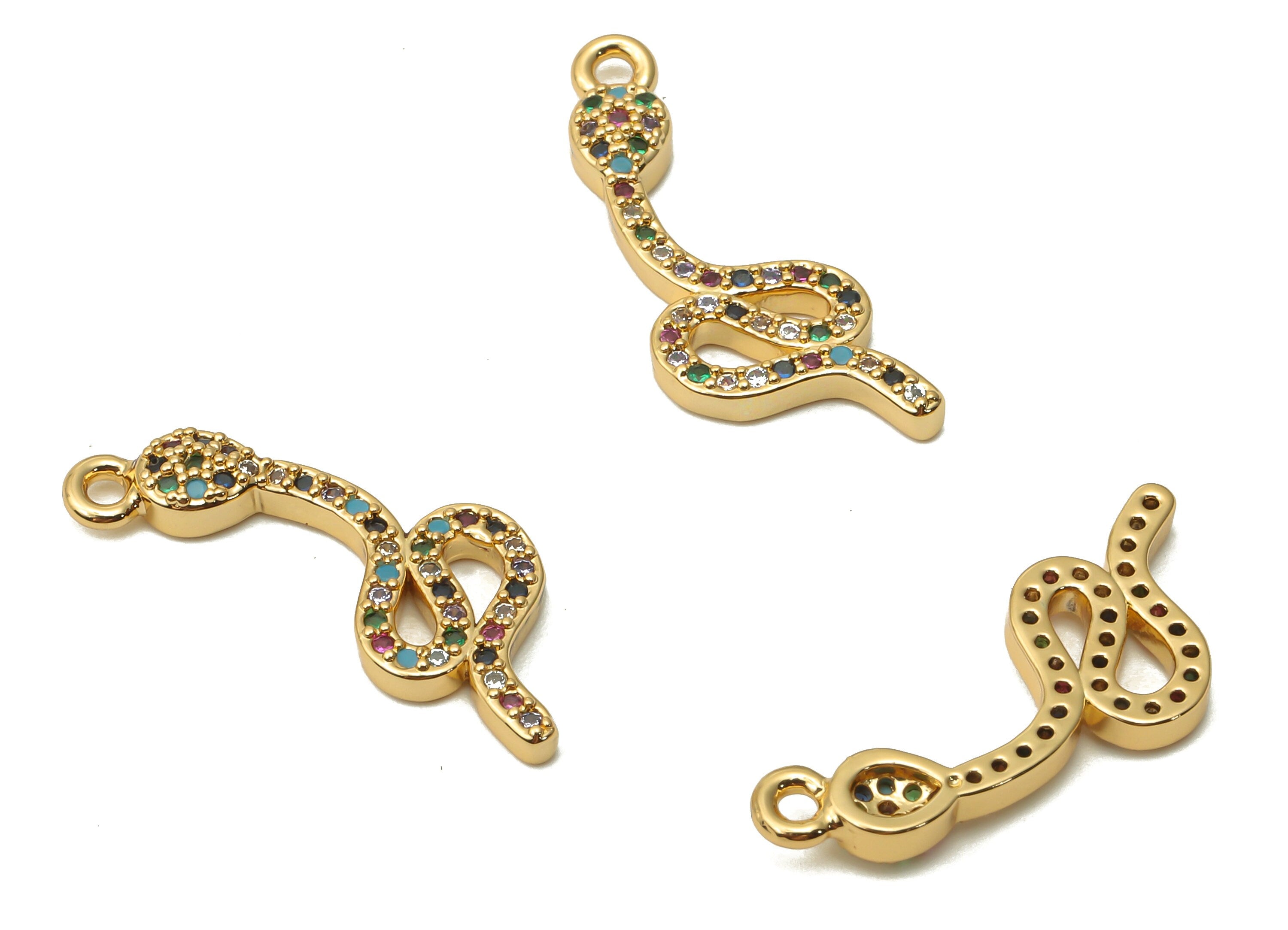 Brass Snake Earring Charm - Brass Rainbow Snake Pendant with Zircons - Snake Necklace - 18K Real Gold Plated - 22.19x8.82x2.36mm - RGP4923 - DOMEDBAZAAR
